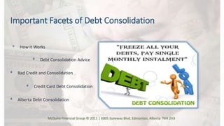 Important Facets of Debt Consolidation
ᶲ How it Works
ᶲ Debt Consolidation Advice
ᶲ Alberta Debt Consolidation
ᶲ Bad Credit and Consolidation
ᶲ Credit Card Debt Consolidation
McGuire Financial Group © 2011 | 6005 Gateway Blvd. Edmonton, Alberta T6H 2H3
 