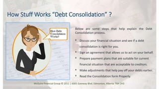 How Stuff Works “Debt Consolidation” ?
Below are some steps that help explain the Debt
Consolidation process.
ᶲ Discuss your financial situation and see if a debt
consolidation is right for you.
ᶲ Sign an agreement that allows us to act on your behalf.
ᶲ Prepare payment plans that are suitable for current
financial situation that are acceptable to creditors.
ᶲ Make adjustments that help pay off your debts earlier.
ᶲ Read the Consolidation form Properly.
McGuire Financial Group © 2011 | 6005 Gateway Blvd. Edmonton, Alberta T6H 2H3
 