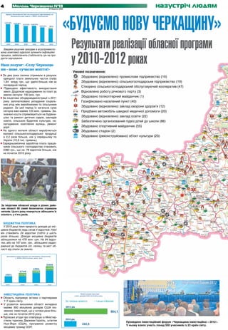 4        Молодь Черкащини №13
                                       27 березня 2013
                                                                                                           назустріч людям


                                                     «БУДУЄМО НОВУ ЧЕРКАЩИНУ»
  Завдяки рішучим заходам в агропромисло-
                                                         Результати реалізації обласної програми
                                                         у 2010-2012 роках
вому комплексі вдалося зупинити інфляційні
процеси, забезпечити стабільність цін на про-
дукти харчування.

Наш лозунг: «Селу Черкащи-
ни – нове, сучасне життя!»
                                                         Умовні позначення:
• За два роки селяни отримали в рахунок
                                                             Збудовано (відновлено) промислове підприємство (16)
  орендної плати земельних часток (паїв)
  1,64 млрд. грн., що удвічі більше, ніж за                  Збудовано (відновлено) сільськогосподарське підприємство (19)
  попередній період.
• Підвищено ефективність використання
                                                             Створено сільськогосподарський обслуговуючий кооператив (47)
  землі. Додаткові надходження по платі за                   Відновлено роботу річкового порту (3)
  землю сягнули 190 млн. грн.
• За ініціативи облдержадміністрації з 2011
                                                             Збудовано гелікоптерний майданчик (1)
  року започатковано укладання соціаль-                      Газифіковано населений пункт (40)
  них угод між виробниками та сільськими
  радами. За цей період їх загальна сума                     Збудовано (відновлено) заклад охорони здоров’я (12)
  сягнула вже майже 120 млн. гривень. За-                    Придбано автомобіль швидкої медичної допомоги (20)
  значені кошти спрямовуються на будівни-
  цтво та ремонт дитячих садків, закладів                    Збудовано (відновлено) заклад освіти (22)
  освіти, сільських Будинків культури, на-                   Забезпечено організований підвіз дітей до школи (86)
  лагодження освітлення вулиць, ремонт
  доріг.                                                     Збудовано спортивний майданчик (55)
• На одного жителя області виробляється                      Збудовано стадіон (2)
  валової сільськогосподарської продукції
  в 2,2 раза більше, ніж у середньому по                     Збудовано (реконструйовано) об’єкт культури (20)
  Україні (10,9 тис. гривень).
• Середньомісячна заробітна плата праців-
  ників сільського господарства становить
  2383 грн., що на 78 відсотків більше, ніж
  на початок 2010 року.




За ініціативи обласної влади в різних райо-
нах області 68 сімей безоплатно отримали
нетелів. Цього року планується збільшити їх
кількість у п’ять разів.


  БЮДЖЕТНА ПОЛІТИКА
  У 2010 році темп приросту доходів до міс-
цевих бюджетів ледь сягав 4 відсотків. Нині
він становить 24 відсотки (тобто у шість
разів більше). Доходи місцевих бюджетів
збільшилися на 478 млн. грн. На 84 відсо-
тки, або на 167 млн. грн., збільшено надхо-
дження до бюджетів сіл, селищ та міст об-
ласті від плати за землю.




  ІНВЕСТИЦІЙНА ПОЛІТИКА
• Область підтримує зв’язки з партнерами
  117 країн світу.
• У розвиток економіки області вкладено
  майже 900 мільйонів доларів США іно-
  земних інвестицій, що у чотири рази біль-
  ше, ніж на початок 2010 року.
• Підписані угоди про співпрацю із Міністер-
  ством туризму Держави Ізраїль, штатом
                                                                                        Проведено інвестиційний форум «Черкащина інвестиційна – 2012».
  Нью-Йорк (США), програмою розвитку
                                                                                        У ньому взяло участь понад 500 учасників із 23 країн світу.
  місцевих громад ООН.
 
