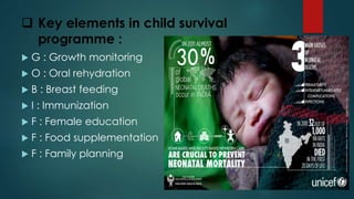  Key elements in child survival
programme :
 G : Growth monitoring
 O : Oral rehydration
 B : Breast feeding
 I : Immunization
 F : Female education
 F : Food supplementation
 F : Family planning
 