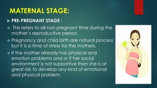 MATERNAL STAGE:
 PRE-PREGNANT STAGE :
 This refers to all non pregnant time during the
mother’s reproductive period.
 Pregnancy and child birth are natural process
but it is a time of stress for the mothers.
 If the mother already has physical and
emotion problems and or if her social
environment is not supportive then she is at
great risk to develop any kind of emotional
and physical problem.
 