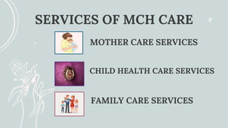 SERVICES OF MCH CARE
FAMILY CARE SERVICES
MOTHER CARE SERVICES
CHILD HEALTH CARE SERVICES
 