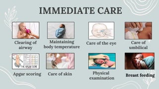 IMMEDIATE CARE
Clearing of
airway
Apgar scoring
Care of the eye
Physical
examination
Maintaining
body temperature
Care of skin
Care of
umbilical
Breast feeding
 