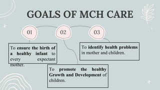 GOALS OF MCH CARE
To identify health problems
in mother and children.
To promote the healthy
Growth and Development of
children.
01 03
02
To ensure the birth of
a healthy infant to
every expectant
mother.
 