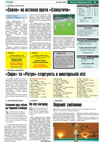 138 травня 2013 Молодь Черкащини №19
Група «А»
М	 Команда	 I	 В	 Н	 П	 М	 О
1	 Десна (Чернігів)	 24	 16	 7	 1	 38:13	 55
2	 Нива (Тернопіль)	 24	 13	 7	 4	 34:18	 46
3	 Славутич (Черкаси) 	 25	 13	 6	 6	 34:21	 45
4	 Тернопіль	 24	 13	 2	 9	 34:25	 31
5	 Скала (Стрий)	 24	 9	 7	 8	 21:20	 34
6	 Реал Фарм (Южне) 	 25	 8	 8	 9	 26:34	 32
5 тур (4 травня)
Скала – Славутич 		 1:2
Десна – Нива 		 0:0
Тернопіль – Реал Фарм	 2:1
Футбол. Чемпіонат України. ІІ ліга
станом на 6 травня
спорт
1/2 фіналу. Перші матчі (1 травня)
Уманьферммаш (Умань) – Зоря (Білозір’я)		 4:1
Ураган (Кривоносівка) – Ретро (Ватутіне)		 1:2
1/2 фіналу. Другі матчі (8 травня)
Зоря (Білозір’я) – Уманьферммаш (Умань)
Ретро (Ватутіне) – Ураган (Кривоносівка)
Початок матчів о 16:00
Футбол. Кубок області
1 тур (4 травня)
Ураган (Кривоносівка) – Пальміра (Золотоніський р-н) 	 2:1
Наша Ряба (Катеринопіль) – Авангард (Монастирище)	 5:1
Ретро (Ватутіне) – Уманьферммаш (Умань)			 1:2
УТК-Ятрань (Уманський р-н) – Олімп (Кам’янка)		 3:0
Колос (Вільшана) – Зоря (Білозір’я) 				 1:2
Канів – Спартак (Золотоноша) 					 1:2
Футбол. Чемпіонат області. Вища ліга
1/2 фіналу (29-30 квітня)
Зоря-2 – Дахнівка	 3:2
Цетус – Артанія	 5:2
Фінал (9 травня, 13:00)
Зоря-2 – Цетус
м. Черкаси, Центральний стадіон
Футбол. Кубок Черкас
СторінкупідготувавОлегКУКСА
•	 Карате
Не без нагород
Близько 500 учасників зі-
брав цьогорічний чемпі-
онат України з традиційного
карате, який відбувся в Кіро-
вограді.
Збірна Черкащини була складена
зі спортсменів трьох команд – смілян-
ських ДЮСШ «Олімп» та СК «Спарта»
(тренер – Станіслав Ковбаса) та клубу
з Черкас (Сергій Азаренков). В особис-
тому заліку (вік 18-20 р.) перше місце в
куміте та друге у фуко-го здобув Андрій
Медух, третє (куміте) – Володимир Чеп
(Сміла). Бронзові медалі (синхронне
ката) у черкасців Богдана Бойка, Олек-
сандра Кушнірука, Влада Росляка (вік
10-11 р.), смілян Євгена Синільника,
Олександра Ратушного, Володимира
Боковні (14-15 р.), Андрія Кугота, Віталія
Кривди та Віталія Кулаженка (16-17 р.).
У загальному заліку збірна Черка-
щини показала п’ятий результат.
Юрій ЗІМЕНКОВ
Голи: В.Могилецький (22) –
Д.Кошелюк (10), Р.Дацюк (50).
«Славутич»: В.Юрчук, С.Таран,
А.Монахов, Є.Тарасенко, І.Шишкін
(М.Лисоконь, 28), Я.Захаревич,
Д.Кошелюк, С.Рева (С.Панасенко,
57), С.Чеботарьов (О.Лобов, 90+3),
Р.Дацюк, Є.Ушаков (С.Савченко,
64; В.Полянський, 89). Запасні:
А.Ленчінков, О.Гринишин. Тренер:
С.Пучков.
Футболісти черкаського «Славутича»
здобули важливу перемогу у Стрию і
продовжують боротьбу за другий ря-
док турнірної таблиці. У нелегкому ви-
їзному поєдинку зі «Скалою» підопічні
Сергія Пучкова виявилися сильнішими
– 2:1.
Поєдинки з командою зі Львівщини
завжди складалися для «Славутича»
непросто. Не стала винятком і звітна
зустріч. У Стрию черкащани зіграли
без двох ключових гравців – у Михайла
Сергійчука травма, а Олег Тарасенко
пропускав матч через перебір жовтих
карток.
Гості відразу взялися до справи і
вже на 10-ій хвилині повели в рахун-
ку: Дмитро Кошелюк з лінії штрафного
майданчика обвідним ударом поцілив
у кут воріт «Скали». Господарі відпові-
ли ударом у поперечину Дмитренка зі
штрафного, а в середині першого тай-
му Могилецький, скориставшись не-
узгодженістю черкаських захисників,
відновив рівновагу. Наприкінці тайму
суперники обмінялися небезпечними
моментами. Зокрема, у «Славутича»
міг забивати Ушаков, але пробив вище
воріт.
З перших хвилин другого тайму гос-
ті знову пішли вперед і забили вдруге.
Роман Дацюк вдало зіграв у штраф-
ному майданчику «Скали» і відпра-
вив шкіряну кулю в сітку. Після цього
шанси забити мали обидві команди. У
черкащан це міг зробити Ушаков, а у
стриян – Цюцюра та Кайдарович. На-
прикінці зустрічі гості залишилися вде-
сятьох – за друге попередження з поля
вилучили Євгена Тарасенка. Однак
черкащани вистояли, до того ж у ком-
пенсований час Дацюк міг збільшити
перевагу «Славутича».
•	 Футбол. Друга ліга
«Скала» не встояла проти «Славутича»
«Скала» (Стрий) –
«Славутич» (Черкаси) – 1:2
•	 Афіша
11 травня (субота), 17.00
м. Черкаси, Центральний стадіон
Чемпіонат України
з футболу (II ліга)
«Славутич» (Черкаси) –
«Реал Фарм» (Южне)
Вхід безкоштовний
•	 Афіша
15 травня (середа), 17.00
Стадіон ФК «Зоря» с. Білозір’я Чер-
каського р-ну
Чемпіонат України
з футболу серед аматорів
«Зоря» (Білозір’я) –
«Оболонь Бровар» (Київ)
•	 Співчуття
Федерація футболу Черкаської
області глибоко сумує з приво-
ду смерті ветерана черкаського
футболу, колишнього голови конт-
рольно-дисциплінарного комітету
ФФЧО ДУШИНА Альберта Семе-
новича і висловлює щирі співчуття
його рідним та близьким.
23 команди, розділені на 4 групи, у
перший день травня розпочали висту-
пи в чемпіонаті України серед аматорів
2013 року. Черкащину в цьому турнірі
представляють «Зоря» (Білозір’я) та
«Ретро» (Ватутіне). Суперниками на-
ших земляків будуть три представники
Чернігівщини – «Авангард», ЮСБ та
«ЛКТ-Славутич», а також «Оболонь
Бровар» із Києва.
До наступного етапу змагань вийдуть
по дві найкращі команди з кожної гру-
пи.
•	 Футбол. Аматори
«Зоря» та «Ретро» стартують в аматорській лізі
•	 Дитячий футбол
Головний приз поїхав
до Червоної Слободи
За участі чотирьох команд-
переможниць попередніх
етапів у Ватутіному відбулася
фінальна частина обласних зма-
гань на призи Клубу «Шкіряний
м’яч» серед хлопчиків 2002 року
народження.
Не зазнавши жодної поразки, пер-
ше місце посіла команда Червоно-
слобідської ЗОШ №2 Черкаського
району. Друге та третє місця у юних
футболістів Черкаської ЗОШ №32 та
Маньківського НВК. Команди-призе-
ри, гравці та тренери нагороджені ди-
пломами, призами та медалями.
Переможець обласного турніру ві-
зьме участь у Всеукраїнських зональ-
них змаганнях, які відбудуться 15-16
травня в Чернігові.
•	 Більярд
Переміг смілянин
Сорок учасників зібрав черговий турнір з більярду, який про-
вела організація «Більярд Черкаси».
Майже добу без перерви вони змага-
лися за головний приз. У підсумку його
володарем став Віктор Махно зі Сміли.
Друге місце посів представник облас-
ного центру Михайло Стариш, а третє
розділили два більярдисти – Валерій
Борозненко (Сміла) та переможець бе-
резневого турніру Сергій Костюкевич із
Черкас.
Наступний турнір з більярду його ор-
ганізатори запланували провести на-
прикінці травня.
Календар матчів (група 2)
1 тур. 1 травня
1. «Зоря» – «Ретро» (12.06)
2. «Оболонь Бровар» – «Авангард» – 0:0
3. ЮСБ – «ЛКТ-Славутич» - 0:2
2 тур. 15 травня
4. «Ретро» – «ЛКТ-Славутич»
5. «Авангард» – ЮСБ
6. «Зоря» – «Оболонь Бровар»
3 тур. 22 травня
7. «Оболонь Бровар» – «Ретро»
8. ЮСБ – «Зоря»
9. «ЛКТ-Славутич» – «Авангард»
4 тур. 29 травня
10. «Ретро» – «Авангард»
11. «Зоря» – «ЛКТ-Славутич»
12. «Оболонь Бровар» – ЮСБ
5 тур. 5 червня
13. ЮСБ – «Ретро»
14. «ЛКТ-Славутич» – «Оболонь Бровар»
15. «Авангард» – «Зоря»
6 тур. 19 червня
16. «Ретро» – «Зоря»
17. «Авангард» – «Оболонь Бровар»
18. «ЛКТ-Славутич» – ЮСБ
7 тур. 26 червня
19. «ЛКТ-Славутич» – «Ретро»
20. ЮСБ – «Авангард»
21. «Оболонь Бровар» – «Зоря»
8 тур. 3 липня
22. «Ретро» – «Оболонь Бровар»
23. «Зоря» – ЮСБ
24. «Авангард» – «ЛКТ-Славутич»
9 тур. 10 липня
25. «Авангард» – «Ретро»
26. «ЛКТ-Славутич» – «Зоря»
27. ЮСБ – «Оболонь Бровар»
10 тур. 17 липня
28. «Ретро» – ЮСБ
29. «Оболонь Бровар» – «ЛКТ-Славутич»
30. «Зоря» – «Авангард»
фотозсайтуwww.slavutich.ck.uaфотонаданеорганізаторамитурніру
 