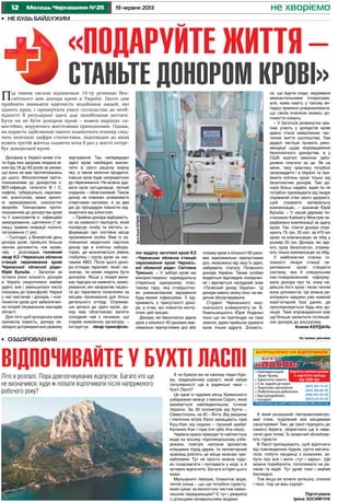 12 19 червня 2013Молодь Черкащини №25 не хворіємо
•	 Оздоровлення На правах реклами
ВІДПОЧИВАЙТЕ У БУХТІ ЛАСПІЛіто в розпалі. Пора довгоочікуваних відпусток. Багато хто ще
не визначився: куди ж поїхати відпочивати після напруженого
робочого року?
А чи бували ви на самому півдні Кри-
му, традиційному курорті, який набув
популярності ще в радянські часи –
бухті Ласпі?
Це одне із чудових місць Кримського
узбережжя межує з мисом Сарич, який
вважається найпівденнішою точкою
України. За 30 кілометрів від бухти –
Севастополь, за 40 – Ялта. Від західних
і північних вітрів Ласпі захищають гора
Куш-Кая, від східних – гірський хребет
Каланих-Кая і гора Іллі (або Ата-наса).
Чарівна краса природи та найчистіша
вода на всьому чорноморському узбе-
режжю, повітря, напоєне ароматом
ялівцевих порід дерев, та неповторний
краєвид роблять це місце казково при-
вабливим. Тут не просто можна чудо-
во позасмагати і поплавати у морі, а й
активно відпочити. Багата історія цього
краю.
Мальовничі пейзажі, блакитне море,
тепле сонце – що ще потрібно туристу,
який сумує за екологічно чистим навко-
лишнім середовищем? Є тут і джерела
з цілющими мінеральними водами.
ЗАПРОШУЄМО НА ВІДПОЧИНОК
БУХТАБУХТА
«ЛАСПІ»«ЛАСПІ»
П а а : www.palatka-ubk.com.ua
(097) 297-71-97
(093) 785-86-39
(096) 461-85-59
(0472) 65-41-59
Ва а
а
1000 .
На
К .
Т а .
5 . .
Т а а а .
Л а .
Ба ( ).
Е .
Донором в Україні може ста-
ти будь-яка здорова людина ві-
ком від 18 до 60 років за умови,
що вона не має протипоказань
до цього. Абсолютними проти-
показаннями до донорства є:
ВІЛ-інфекція, гепатити В і С,
сифіліс, туберкульоз, наркома-
нія, алкоголізм, важкі хроніч-
ні захворювання, онкологічні
хвороби. Тимчасовим проти-
показанням до донорства крові
та її компонентів є: інфекційні
захворювання, щеплення (1 мі-
сяць), травми, операції, пологи,
татуювання (1 рік).
– Сьогодні, у Всесвітній день
донора крові, прийшло більше
охочих допомогти, ніж зазви-
чай, – розповідає головний
лікар КЗ «Черкаська обласна
станція переливання крові
Черкаської обласної ради»
Юрій Бульба. – Загалом за
останні роки кількість донорів
в Україні скоротилася майже
удвічі, але і зменшилося число
показань до трансфузій. Наразі
у нас вистачає і донорів, і ком-
понентів крові для забезпечен-
ня потреб лікувальних закладів
області.
Для того щоб донорська кров
принесла користь, донору не-
обхідно дотримуватися режиму
харчування. Так, напередодні
здачі крові необхідно виклю-
чити зі свого раціону жирну
їжу, а також молочні продукти,
інакше кров буде непридатною
до переливання. Не можна зда-
вати кров натщесерце, легкий
сніданок – обов’язковий. Також
донор не повинен зловживати
спиртними напоями, а за два
дні до процедури повністю від-
мовитися від алкоголю.
– Прийом донора відбуваєть-
ся за наявності паспорта, який
посвідчує особу та містить ін-
формацію про постійне місце
проживання особи. Вже із за-
повненою медичною карткою
донор іде в клінічну лабора-
торію, де визначається рівень
глобуліну і група крові за сис-
темою АВО. Після цього доно-
ра оглядає терапевт, який і ви-
значає, чи може людина бути
донором. Якщо у лікаря вини-
кає підозра на наявність захво-
рювання, він направляє пацієн-
та до терапевта поліклініки за
місцем проживання для більш
детального огляду. Отримав-
ши допуск до здачі крові, до-
нор має обов’язково випити
солодкий чай з печивом, що
сприяє живленню організму, –
інструктує лікар-трансфізіо-
•	 Не будь байдужим
«Подаруйте життя –
станьте донором крові»
Під таким гаслом відзначили 10-ту річницю Все-
світнього дня донора крові в Україні. Цього дня
прийнято виявляти вдячність мільйонам людей, які
здають кров, і привертати увагу суспільства до необ-
хідності її регулярної здачі для запобігання нестачі.
Бути чи не бути донором крові – кожен вирішує са-
мостійно, керуючись життєвими принципами. Однак,
на користь здійснення такого шляхетного вчинку свід-
чать невтішні цифри статистики, відповідно до яких
кожен третій житель планети хоча б раз у житті потре-
бує донорської крові.
лог відділу заготівлі крові КЗ
«Черкаська обласна станція
переливання крові Черкась-
кої обласної ради» Світлана
Тринько. – У заборі крові ми
використовуємо індивідуальну
стерильну одноразову плас-
тикову тару, яка стовідсотко-
во унеможливлює зараження
будь-якими інфекціями. Її від-
кривають у присутності доно-
ра, а отже, він повністю контр-
олює цей процес.
Донори, які безоплатно здали
кров у кількості 40 разових мак-
симально припустимих доз або
плазму крові в кількості 60 разо-
вих максимально припустимих
доз, незалежно від часу їх здачі,
набувають статусу Почесного
донора України. Таким особам
видається відповідне посвідчен-
ня і вручається нагрудний знак
«Почесний донор України». Ці
донори мають низку пільг на ме-
дичне обслуговування.
Студент Черкаського наці-
онального університету ім. Б.
Хмельницького Юрій Ходенко
поки що не претендує на таке
звання, адже прийшов здавати
кров тільки вдруге. Зізнаєть-
ся, що йдучи сюди, керувався
меркантильними інтересами,
але, каже навіть у такому ви-
падку приємно усвідомлювати,
що своїм вчинком можеш до-
помогти комусь.
– У багатьох розвинутих кра-
їнах участь у донорстві крові
давно стала невід’ємною час-
тиною життя суспільства. Там
дедалі частіше лунають реко-
мендації щодо впровадження
безоплатного донорства, а у
США взагалі законом забо-
ронено платити за це. Як на
мене, таку практику потрібно
запровадити і в Україні та при-
ймати клітини крові тільки від
безоплатних донорів. Такі до-
нори більш надійні, адже їм не
потрібно приховувати від лікаря
справжній стан свого здоров’я,
щоб отримати матеріальну
компенсацію, – зазначає Юрій
Бульба. – У нашій державі по-
становою Кабінету Міністрів пе-
редбачено компенсації за здачу
крові. Так, платні донори отри-
мують 75 грн. 20 коп. за 470 мл
крові та компенсацію за обід у
розмірі 25 грн. Донори, які зда-
ють кров безоплатно, отриму-
ють тільки компенсацію за обід.
У найближчих планах го-
ловного лікаря станції пе-
реливання крові створити
систему, яка б спеціальним
смс-повідомленням інформу-
вала донора про те, кому на-
дійшла його кров і яким чином
вона допомогла. Це можна ре-
алізувати завдяки уже наявній
комп’ютерній базі даних, де
прослідковується будь-яка до-
нація. Таке впровадження має
ще більше заохотити потенцій-
них донорів до альтруїзму.
Ксенія КЕРДАНЬ
фотоКсеніїКЕРДАНЬ
А який розкішний півторакілометро-
вий пляж, поділений між місцевими
санаторіями! Там, де скелі підходять до
самого берега, збереглися ще й неве-
личкі дикі пляжі. Їх зазвичай облюбову-
ють туристи.
В Ласпі приїжджають, щоб відпочити
від повсякденних буднів, суєти мегапо-
лісів, побути наодинці з коханими, за-
бути про все і жити «тут і зараз». Ще
можна порибалити, пополювати на ра-
панів та мідій. Тут дуже тихо і майже
безлюдно.
Тож якщо ви хочете затишку, спокою
і тиші, тоді це ваш курорт.
Підготувала
Ірина Зосимчук
 