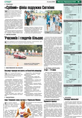 133 липня 2013 Молодь Черкащини №27
Група 2
М	 Команда	 I	 В	 Н	 П	 М	 О
1	 Зоря (Білозір’я) 	 7	 5	 1	 1	 12:6	 16
2	 ЮСБ (Чернігів) 	 7	 3	 2	 2	 8:5	 11
3	Ретро (Ватутіне) 	 7	 2	 3	 2	 8:6	 9
4	ЛКТ-Славутич (Київ.обл.)	7	 2	 2	 3	 9:13	 8
5	Оболонь Бровар (Київ)	 7	 1	 4	 2	 4:5	 7
6	Авангард (Корюківка)	 7	 1	 2	 4	 5:11	 5
7 тур (26 червня)
ЛКТ-Славутич – Ретро 			 1:5
ЮСБ – Авангард 				 0:0
Оболонь Бровар – Зоря			 0:2
Футбол. Чемпіонат України. Аматори
станом на 1 липня
М	 Команда	 I	 В	 Н	 П	 М	 О
1	 Зоря (Білозір’я)	 9	 8	 1	 0	 43:7	 25
2	Уманьферммаш (Умань)	 9	 8	 0	 1	 32:7	 24
3	Ураган (Кривоносівка) 	 9	 6	 2	 1	 19:9	 20
4	Ретро (Ватутіне) 	 9	 6	 1	 2	 23:11	 19
5	УТК-Ятрань (Уман. р-н) 	 9	 5	 2	 2	 18:7	 17
6	Наша Ряба (Катеринопіль) 	9	 5	 0	 4	 21:18	 15
7	Авангард (Монастирище)	 9	 4	 1	 4	 15:21	 13
8	Спартак (Золотоноша) 	 9	 3	 0	 6	 12:21	 9
9	Олімп (Кам’янка) 	 9	 2	 1	 6	 10:23	 7
10	Колос (Вільшана) 	 9	 1	 2	 6	 12:21	 5
11	 Пальміра (Золотон. р-н)	 9	 1	 0	 8	 10:30	 3
12	Канів 	 9	 0	 0	 9	 4:44	 0
9 тур (29 червня)
Колос – Пальміра				 4:2
Канів – УТК-Ятрань	 			 0:4
Спартак – Ретро 				 1:2
Зоря – Наша Ряба		 		 4:1
Олімп – Ураган				 0:0
Уманьферммаш – Авангард		 5:1
Бомбардири
Янчук Сергій (Уманьферммаш) 				 13 м’ячів
Гопка Олег (Зоря) 					 9 м’ячів
Степанов Петро (Наша Ряба)					 8 м’ячів
Трандафілов Євген (Зоря)					 6 м’ячів
Гуд Євген (Зоря)					 6 м’ячів
Казанюк Олександр (Уманьферммаш)			 6 м’ячів
Футбол. Чемпіонат області. Вища ліга
станом на 1 липня
Група «А»
М	 Команда	 I	 В	 Н	 П	 М	 О
1	Артанія (Межиріч) 	 6	 4	 1	 1	 14:6	 13
2	 Зоря-2 (Білозір’я) 	 5	 3	 1	 1	 11:4	 10
3	Росава (Степанці) 	 5	 3	 0	 2	 11:9	 9
4	 Городище 	 6	 2	 1	 3	 9:10	 7
5	 Явір (Сміла) 	 6	 2	 1	 3	 6:12	 7
6	Інтернаціонал (Черкаси) 	6	 1	 3	 2	 6:12	 6
7	Енергія (Черкаси) 	 6	 1	 1	 4	 6:10	 4
7 тур (30 червня)
Городище – Явір 				 3:1
Інтернаціонал – Артанія	 		 1:1
Росава – Енергія 				 3:0
Група «Б»
М	 Команда	 I	 В	 Н	 П	 М	 О
1	 ЛНЗ-Лебедин (Шпол. р-н) 	6	 6	 0	 0	 15:4	 18
2	Нива (Маньківський р-н) 	 6	 4	 1	 1	 11:6	 13
3	Урожай (К.-Шевченків.)	 6	 4	 0	 2	 15:6	 12
4	 Тальне	 6	 2	 1	 3	 14:10	 7
5	 Звенигородка	 6	 1	 2	 3	 6:11	 5
6	Жашків 	 6	 1	 1	 4	 8:15	 4
7	Христинівка	 6	 0	 1	 5	 6:23	 1
7 тур (30 червня)
ЛНЗ-Лебедин – Звенигородка 		 2:0
Тальне – Христинівка				 8:0
Жашків – Урожай				 0:1
Футбол. Першість області. Перша ліга
станом на 1 липня
М	 Команда	 I	 В	 Н	 П	 М	 О
1	 Червона Слобода 	 3	 2	 1	 0	 13:5	 7
2	 Цетус 	 2	 2	 0	 0	 8:2	 6
3	Фламінго 	 3	 2	 0	 1	 8:7	 6
4	Енергія 	 3	 1	 1	 1	 5:6	 4
5	 Шелтон 	 2	 1	 0	 1	 6:4	 3
6	Рух 	 3	 1	 0	 2	 5:9	 3
7	 Дахнівка 	 3	 0	 2	 1	 7:11	 2
8	Рось 	 3	 0	 0	 3	 2:10	 0
Футбол. Чемпіонат Черкас
станом на 1 липня
спорт
Фотонаданеорганізаторамизмагань
СторінкупідготувавОлегКукса
•	 Більярд
Господарі найсильніші
Черговий турнір з більярду провела ор-
ганізація «Більярд Черкаси». Цього разу
19 його учасників змагалися у «вільній пі-
раміді».
У підсумку переможцем турніру, що від-
бувався за олімпійською системою, став
Сергій Костюкевич із Черкас, який у фіналі
з рахунком 3:2 обіграв золотонісця Вла-
дислава Шалімова. Третє призове місце у
ще одного представника обласного центру
Віталія Бугайця. Змагання можна назва-
ти міжнародними, адже в них узяв участь
Тихон Череватов з російського Санкт-
Петербурга.
Наступний турнір з більярду відбудеться
27-28 липня в клубі «Бункер».
Минулої неділі Черкаси при-
ймали чемпіонат України
з тріатлону (акватлону) та етап
Відкритого чемпіонату міста
Черкаси з акватлону «Дитяча
тріатлонна ліга».
Близько 200 спортсменів із 12 регіонів
держави визначали найкращих у плаван-
ні та бігові. Так у змаганнях «Дитячої трі-
атлонної ліги» (вони проводяться другий
рік поспіль) серед юнаків 2000 р. н. третє
місце посів черкащанин Денис Снєсар.
Серед юнаків1998-1999 р. н. Георгій Ко-
сов фінішував другим. У цій же віковій
категорії серед дівчат «срібло» у Лізи Хо-
рошко.
А в змаганнях дорослих спортсменів до
трійки призерів увійшло подружжя Сюткі-
них. І Катерина, і Олексій здобули срібні
•	 Футбол. Друга ліга
Старт – 14 липня
Уже понад тиждень футболісти черкась-
кого «Славутича» готуються до нового
сезону, старт якого запланований на 14
липня. Саме тоді відбудеться перший тур
чемпіонату України в другій лізі, який роз-
почнуть 19 команд. Чемпіонат 2013-2014
років відбуватиметься за новою схемою:
вже не буде двох груп за територіальним
принципом, а всі команди по двічі зіграють
одна з одною у двоколовому турнірі.
Почали підготовку славутівці 24 червня під
керівництвом нового головного тренера Ігоря
Петрова. На сьогодні вони вже провели два
контрольні поєдинки. 29 червня черкащани
зіграли внічию з дублерами київського «Ди-
намо» – 2:2 (у «Славутича» відзначилися
Ушаков і Дацюк). А 1 липня суперником на-
ших земляків була студентська збірна Украї-
ни з футболу, яка на Черкащині готується до
Всесвітньої Універсіади (до речі, у її складі
два представники «Славутича» – Дмитро
Кошелюк та Сергій Панасенко). Матч закін-
чився перемогою збірної з рахунком 2:0. У
середу черкащани на своєму полі зіграють з
ФК «Карлівка» (Полтавська область).
З6 по 17 липня 2013 року в
російському місті Казань від-
буватиметься ХХVІІ Всесвітня
літня Універсіада.
За масштабом і важливістю статусу її
можна порівняти з Олімпійськими іграми.
Минулі подібні ігри, які відбулися в Китаї
2011-го, завершилися для української
команди 44-ма нагородами (з них 19 –
найвищого гатунку, 14 – «срібних» і 14
– «бронзових»), що дозволило посісти
Україні високе 7-ме місце у загальному
заліку медалістів. Серед нинішніх 12 ти-
сяч учасників з понад 160 країн світу буде
і чималенький загін українських студен-
тів-спортсменів.
Право відстоювати честь України від
Черкаської області вибороли такі спортс-
мени:
- Прудкий Олег – бокс (Черкаський
національний університет ім. Б.
Хмельницького);
- Сапсай Анастасія – дзюдо (Чер-
каський національний університет ім.
Б.Хмельницького);
- Артеменко Богдан – волейбол (Чер-
каський національний університет ім.
Б.Хмельницького);
- Шаріпова Дар’я – кульова стрільба
(Академія пожежної безпеки ім. Героїв
Чорнобиля);
- Шуптар Василь – вільна боротьба
(Уманський державний педагогічний
університет ім. П.Г. Тичини);
- Сердюк Антон – хокей на траві
(Черкаський державний технологічний
університет);
- Кошелюк Дмитро – футбол (Черкась-
ка філія Європейського університету);
- Тарасенко Тетяна – кульова стрільба.
Із кожним етапом цей захід стає дедалі
популярнішим. Це засвідчили змагання у
Каневі, в яких узяли участь 30 екіпажів,
що стало рекордом. Крім того, поспосте-
рігати за вправністю учасників у маневру-
ванні на центральній площі міста зібрала-
ся чимала кількість канівчан. Відзначимо,
що цього разу збільшилося представни-
цтво в жіночому заліку.
У двох категоріях із чотирьох пере-
можцями канівського етапу стали гості зі
столиці України. Так у категорії «передній
привід» усі призові місця посіли кияни, а
переміг тут Юрій Івахно (до речі, організа-
тор змагань Андрій Яроменко цього разу
був тільки четвертим). А в жіночому заліку
всіх випередила киянка Олеся Марченко.
На другому та третьому місцях – черка-
щанки Марина Часовенко та переможни-
ця попередніх трьох етапів Яна Гриценко.
У категорії «задній привід» першість здо-
був Максим Сініченко з Черкас, а його
земляк Владислав Горбенко став найкра-
щим у категорії авто із повним приводом.
Наступний етап змагань з автослалому
відбудеться на День Незалежності в Зо-
лотоноші.
Екс-гравець збірної
Латвії Іварс Тімерманіс
(1982 р.н., 203 см) попо-
внив склад «Черкаських
Мавп».
Про це повідомляє офі-
ційний сайт клубу. Лат-
війський форвард уже
був гравцем черкаської
команди у сезоні 2011-
2012 років. У складі
помаранчево-чорних
•	 юнацький футбол
Перемогли черкасці
У Звенигородці відбувся фінальний тур-
нір дитячо-юнацької футбольної ліги області
2012-2013 років серед переможців попере-
дніх етапів старшої вікової категорії 1995-
1997 р. н.
У матчі за звання чемпіона команда
СДЮСШОР (Черкаси) з рахунком 3:0 пере-
могла команду ДЮСШ (Умань). Третє місце
здобула команда «Дніпро-80» (Черкаси),
яка з таким же рахунком обіграла команду
«ДЮСШ-Колос» (Катеринопіль). Учасникам
турніру вручено дипломи, призи, медалі та
футбольні м’ячі від обласної Федерації фут-
болу.
•	 Тріатлон
•	 Автослалом
«Срібний» фініш подружжя Сюткіних
нагороди в акватлоні. Катерина Сюткіна
поступилася тільки Олесі Марченко із За-
порізької області, а Олексій Сюткін – Дми-
трові Маляру з Дніпропетровська.
Найближчої неділі черкаські спортсме-
ни змагатимуться в Дніпропетровську.
Учасників і глядачів більшає
Канів прийняв IV етап Національних змагань з автослалому, при-
свячених 60-річчю утворення Черкаської області.
•	 Вболіваємо за наших
•	 Баскетбол
Восьмеро черкащан виступлять на Всесвітній універсіаді
Іварс Тімерманіс знову гратиме в «Черкаських Мавпах»
Іварс здобував 10,4 очка та виконував
4,5 підбирань.
Минулого сезону Тімерманіс висту-
пав за румунський «Асесофт-Пло-
єшті», з яким став чемпіоном
Румунії. Середня статистика
Тімерманіса у чемпіонаті
Румунії складала 8,8 очка
та 3 підбирання за гру.
Тімерманіс став уже
третім легіонером
«Черкаських Мавп»,
якого підписали цього
міжсезоння.
Черкащанин Олексій Сюткін
фінішував другим у рідному місті
Канівський етап зібрав рекордну
кількість учасників і глядачів
Фотонаданеорганізаторамизмагань
 
