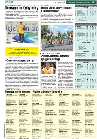 1310 липня 2013 Молодь Черкащини №28
«Черкаські Мавпи» під-
писали американського ро-
зігруючого Рональда Мура
(1988 р.н., 183 см). Уродже-
нець Філадельфії протягом
чотирьох сезонів виступав у
NCAA, після чого переїхав
до Європи.
Спочатку Мур грав у Сло-
ваччині за «Нітру», де його
показники в середньому за
матч складали 16,9 очка, 5
підбирань та 7 передач. Піс-
ля цього американець був
гравцем одного із грандів
польського баскетболу –
«Турова». У Єврокубку Мур
здобував 9,8 очка, викону-
вав 3,7 підбирання та робив
5,2 передачі. Приблизно
такі ж цифри були у Рональ-
да і в чемпіонаті Польщі.
Минулого сезону новачок
«Мавп» став чемпіоном та
володарем Кубка Угорщини
у складі «Albacomp», наби-
раючи 11,5 очка та роблячи
3,8 підбирань і 6,3 передачі.
Група 2
М	 Команда	 I	 В	 Н	 П	 М	 О
1	 Зоря (Білозір’я) 	 8	 5	 1	 2	 12:7	 16
2	 ЮСБ (Чернігів) 	 8	 4	 2	 2	 9:5	 14
3	 Ретро (Ватутіне) 	 8	 3	 3	 2	 8:6	 12
4	 Авангард (Корюківка) 	 8	 2	 2	 4	 7:11	 8
5	 ЛКТ-Славутич (Київ.обл.)	8	 2	 2	 4	 9:15	 8
6	 Оболонь Бровар (Київ)	 8	 1	 4	 3	 4:5	 7
8 тур (3 липня)
Зоря – ЮСБ 	 	 	 0:1
Авангард – ЛКТ-Славутич	 2:0
Ретро – Оболонь Бровар	 	 +:-
Футбол. Чемпіонат України. Аматори
станом на 8 липня
М	 Команда	 I	 В	 Н	 П	 М	 О
1	 Зоря (Білозір’я)	 10	 9	 1	 0	 45:8	 28
2	 Уманьферммаш (Умань)	 10	 8	 1	 1	 33:8	 25
3	 Ураган (Кривоносівка) 	 10	 6	 3	 1	 20:10	 21
4	 УТК-Ятрань (Уман. р-н)   	10	 6	 2	 2	 23:7	 20
5	 Ретро (Ватутіне) 	 10	 6	 1	 3	 24:13	 19
6	 Наша Ряба (Катеринопіль) 	10	 6	 0	 4	 25:19	 18
7	 Авангард (Монастирище)	 10	 5	 1	 4	 16:21	 16
8	 Спартак (Золотоноша)  	 10	 3	 0	 7	 12:26	 9
9	 Колос (Вільшана)  	 10	 2	 2	 6	 17:21	 8
10	 Олімп (Кам’янка) 	 10	 2	 1	 7	 11:27	 7
11	 Пальміра (Золотон. р-н)	 10	 1	 0	 9	 10:31	 3
12	 Канів 	 10	 0	 0	 10	 4:49	 0
10 тур (6 липня)
Пальміра – Авангард		 	 	 0:1
Ураган – Уманьферммаш		 	 1:1
Наша Ряба – Олімп     	 	 	 4:1
Ретро – Зоря	 	 	 	 1:2
УТК-Ятрань – Спартак	 	 	 5:0
Колос – Канів 	 	 	 	 5:0
Бомбардири
Янчук Сергій (Уманьферммаш) 	 	 	 	 13 м’ячів
Гопка Олег (Зоря) 	 	 	 	 	 10 м’ячів
Степанов Петро (Наша Ряба)	 	 	 	 	 8 м’ячів
Терещенко Сергій (УТК-Ятрань) 	 	 	 	 7 м’ячів
Футбол. Чемпіонат області. Вища ліга
станом на 8 липня
Група «А»
М	 Команда	 I	 В	 Н	 П	 М	 О
1	 Артанія (Межиріч)  	 6	 4	 1	 1	 14:6	 13
2	 Зоря-2 (Білозір’я) 	 6	 4	 1	 1	 18:5	 13
3	 Росава (Степанці)   	 6	 3	 0	 3	 12:16	 9
4	 Городище 	 6	 2	 1	 3	 9:10	 7
5	 Явір (Сміла)    	 6	 2	 1	 3	 6:12	 7
6	 Інтернаціонал (Черкаси)    	6	 1	 3	 2	 6:12	 6
7	 Енергія (Черкаси) 	 6	 1	 1	 4	 6:10	 4
Матч 3 туру (7 липня)
Зоря-2 – Росава 	 	 	 	 7:1
Група «Б»
М	 Команда	 I	 В	 Н	 П	 М	 О
1	 ЛНЗ-Лебедин (Шпол. р-н) 	6	 6	 0	 0	 15:4	 18
2	 Нива (Маньківський р-н) 	 6	 4	 1	 1	 11:6	 13
3	 Урожай (К.-Шевченків.)	 6	 4	 0	 2	 15:6	 12
4	 Тальне	 6	 2	 1	 3	 14:10	 7
5	 Звенигородка	 6	 1	 2	 3	 6:11	 5
6	 Жашків   	 6	 1	 1	 4	 8:15	 4
7	 Христинівка	 6	 0	 1	 5	 6:23	 1
Футбол. Першість області. Перша ліга
після першого кола
спорт
СторінкупідготувавОлегКУКСА
•	 Футбол. Друга ліга
«Славутич» виходить на старт
Футбольний клуб «Славутич» завершує підготовку до но-
вого сезону, який стартує 14 липня.
За останній тиждень підопічні Ігоря Петрова зіграли два
контрольні поєдинки. Спочатку вони вдома перемогли свого
майбутнього суперника по чемпіонату України ФК «Карлів-
ка» - 1:0, а потім у Головківці розійшлися миром з першоліго-
вим «УкрАгроКомом» - 1:1.
На сьогодні вже повністю сформовано тренерський штаб
команди. Помічником Ігоря Петрова буде добре відомий чер-
каським любителям футболу Віталій Кобзар, тренером воро-
тарів став Анатолій Дейнеко (який восени минулого року був
в. о. головного тренера «Славутича»), а тренером із фізичної
підготовки призначено Валерія Ткаченка (він до цього працю-
вав у клубній системі донецьких «Шахтаря» та «Олімпіка»).
Щодо кадрових втрат серед футболістів, то наступного
сезону в Черкасах уже точно не буде Савченка, Момотенка,
Белмохтара та Монахова. А прізвища новачків керівництво
клубу обіцяє оприлюднити найближчими днями.
1 тур (14 липня)
Арсенал-Київщина (Біла Церква)
- Шахтар-3 (Донецьк)
Динамо (Хмельницький) -
Кремінь (Кременчук)
Реал Фарма (Овідіополь) -
Гірник-Спорт (Комсомольськ)
Мир (Горностаївка) - Шахтар
(Свердловськ)
Славутич (Черкаси) - Крис-
тал (Херсон)
Енергія (Нова Каховка) - Карлів-
ка (Полтавська область)
Скала (Стрий) - Гірник (Кривий Ріг)
Оболонь-Бровар (Київ) - Енергія
(Миколаїв)
Макіїввугілля (Макіївка) - Сталь
(Дніпродзержинськ)
2 тур (20 липня)
Арсенал-Київщина - Динамо
Енергія М - Тернопіль
Гірник - Оболонь-Бровар
Карлівка - Скала
Кристал - Енергія НК
Шахтар - Славутич
Гірник-Спорт - Мир
Кремінь - Реал Фарма
Шахтар-3 - Сталь
3 тур (27 липня)
Динамо - Шахтар-3
Реал Фарма - Арсенал-Київщина
Мир - Кремінь
Славутич - Гірник-Спорт
Енергія НК - Шахтар
Скала - Кристал
Оболонь-Бровар - Карлівка
Тернопіль - Гірник
Макіїввугілля - Енергія М
4 тур (3 серпня)
Арсенал-Київщина - Мир
Динамо - Реал Фарма
Енергія М - Сталь
Гірник - Макіїввугілля
Карлівка - Тернопіль
Кристал - Оболонь-Бровар
Шахтар - Скала
Гірник-Спорт - Енергія НК
Кремінь - Славутич
Кубок України (7 серпня)
Реал Фарма - Славутич
5 тур (11 серпня)
Реал Фарма - Шахтар-3
Мир - Динамо
Славутич - Арсенал-Київ-
щина
Енергія НК - Кремінь
Скала - Гірник-Спорт
Оболонь-Бровар - Шахтар
Тернопіль - Кристал
Макіїввугілля - Карлівка
Сталь - Гірник
6 тур (17 серпня)
Арсенал-Київщина - Енергія НК
Динамо - Славутич
Реал Фарма - Мир
Карлівка - Сталь
Кристал - Макіїввугілля
Шахтар - Тернопіль
Гірник-Спорт - Оболонь-Бровар
Кремінь - Скала
Шахтар-3 - Енергія М
7 тур (22 серпня)
Мир - Шахтар-3
Славутич - Реал Фарма
Енергія НК - Динамо
Скала - Арсенал-Київщина
Оболонь-Бровар - Кремінь
Тернопіль - Гірник-Спорт
Макіїввугілля - Шахтар
Сталь - Кристал
Енергія М - Гірник
8 тур (27 серпня)
Арсенал-Київщина - Оболонь-
Бровар
Динамо - Скала
Реал Фарма - Енергія НК
Мир - Славутич
Карлівка - Енергія М
Шахтар - Сталь
Гірник-Спорт - Макіїввугілля
Кремінь - Тернопіль
Шахтар-3 - Гірник
9 тур (1 вересня)
Славутич - Шахтар-3
Енергія НК - Мир
Скала - Реал Фарма
Оболонь-Бровар - Динамо
Тернопіль - Арсенал-Київщина
Макіїввугілля - Кремінь
Сталь - Гірник-Спорт
Енергія М - Кристал
Гірник - Карлівка
10 тур (6 вересня)
Арсенал-Київщина - Макіїв-
вугілля
Динамо - Тернопіль
Реал Фарма - Оболонь-Бровар
Мир - Скала
Славутич - Енергія НК
Кристал - Гірник
Шахтар - Енергія М
Кремінь - Сталь
Шахтар-3 - Карлівка
11 тур (11 вересня)
Енергія НК - Шахтар-3
Скала - Славутич
Оболонь-Бровар - Мир
Тернопіль - Реал Фарма
Макіїввугілля - Динамо
Сталь - Арсенал-Київщина
Енергія М - Гірник-Спорт
Гірник - Шахтар
Карлівка - Кристал
12 тур (16 вересня)
Динамо - Сталь
Реал Фарма - Макіїввугілля
Мир - Тернопіль
Славутич - Оболонь-Бровар
Енергія НК - Скала
Шахтар - Карлівка
Гірник-Спорт - Гірник
Кремінь - Енергія М
Шахтар-3 - Кристал
13 тур (21 вересня)
Скала - Шахтар-3
Оболонь-Бровар - Енергія НК
Тернопіль - Славутич
Макіїввугілля - Мир
Сталь - Реал Фарма
Енергія М - Арсенал-Київщина
Гірник - Кремінь
Карлівка - Гірник-Спорт
Кристал - Шахтар
14 тур (29 вересня)
Арсенал-Київщина - Гірник
Динамо - Енергія М
Мир - Сталь
Славутич - Макіїввугілля
Енергія НК - Тернопіль
Скала - Оболонь-Бровар
Гірник-Спорт - Кристал
Кремінь - Карлівка
Шахтар-3 - Шахтар
15 тур (4 жовтня)
Оболонь-Бровар - Шахтар-3
Тернопіль - Скала
Макіїввугілля - Енергія НК
Сталь - Славутич
Енергія М - Реал Фарма
Гірник - Динамо
Карлівка - Арсенал-Київщина
Кристал - Кремінь
Шахтар - Гірник-Спорт
16 тур (9 жовтня)
Арсенал-Київщина - Кристал
Динамо - Карлівка
Реал Фарма - Гірник
Мир - Енергія М
Енергія НК - Сталь
Скала - Макіїввугілля
Оболонь-Бровар - Тернопіль
Кремінь - Шахтар
Шахтар-3 - Гірник-Спорт
17 тур (14 жовтня)
Тернопіль - Шахтар-3
Макіїввугілля - Оболонь-Бровар
Сталь - Скала
Енергія М - Славутич
Гірник - Мир
Карлівка - Реал Фарма
Кристал - Динамо
Шахтар - Арсенал-Київщина
Гірник-Спорт - Кремінь
18 тур (19 жовтня)
Арсенал-Київщина - Гірник-
Спорт
Динамо - Шахтар
Реал Фарма - Кристал
Мир - Карлівка
Славутич - Гірник
Енергія НК - Енергія М
Оболонь-Бровар - Сталь
Тернопіль - Макіїввугілля
Шахтар-3 - Кремінь
19 тур (26 жовтня)
Макіїввугілля - Шахтар-3
Сталь - Тернопіль
Енергія М - Скала
Гірник - Енергія НК
Карлівка - Славутич
Кристал - Мир
Шахтар - Реал Фарма
Гірник-Спорт - Динамо
Кремінь - Арсенал-Київщина
20 тур (3 листопада)
Сталь - Макіїввугілля
Енергія М - Оболонь-Бровар
Гірник - Скала
Карлівка - Енергія НК
Кристал - Славутич
Шахтар - Мир
Гірник-Спорт - Реал Фарма
Кремінь - Динамо
Шахтар-3 - Арсенал-Київщина
21 тур (9 листопада)
Динамо - Арсенал-Київщина
Реал Фарма - Кремінь
Мир - Гірник-Спорт
Славутич - Шахтар
Енергія НК - Кристал
Скала - Карлівка
Оболонь-Бровар - Гірник
Тернопіль - Енергія М
Сталь - Шахтар-3
22 тур (16 листопада)
Арсенал-Київщина - Реал Фарма
Енергія М - Макіїввугілля
Гірник - Тернопіль
Карлівка - Оболонь-Бровар
Кристал - Скала
Шахтар - Енергія НК
Гірник-Спорт - Славутич
Кремінь - Мир
Шахтар-3 - Динамо
23 тур (23 листопада)
Реал Фарма - Динамо
Мир - Арсенал-Київщина
Славутич - Кремінь
Енергія НК - Гірник-Спорт
Скала - Шахтар
Оболонь-Бровар - Кристал
Тернопіль - Карлівка
Макіїввугілля - Гірник
Сталь - Енергія М
24 тур (30 листопада)
Арсенал-Київщина - Сла-
вутич
Динамо - Мир
Гірник - Сталь
Карлівка - Макіїввугілля
Кристал - Тернопіль
Шахтар - Оболонь-Бровар
Гірник-Спорт - Скала
Кремінь - Енергія НК
Шахтар-3 - Реал Фарма
•	 Вболівальникам
Календар матчів чемпіонату України з футболу. Друга ліга
Черкащанин Василь Ковальчук здобув перемогу на Куб-
ку світу з кульової стрільби серед спортсменів з ураженням
опорно-рухового апарату.
Наш земляк, який торік став параолімпійським чемпіоном,
виграв змагання у вправі R-5 (тобто у стрільбі лежачи на 10
метрів з пневматичної гвинтівки).
Минулих вихідних у місті на Дніпрі відбувся чемпіонат
України з триатлону на спринтерській дистанції (плавання –
750 м, велосипедна гонка – 20 км, біг – 5 км).
У підсумку черкащанин Олексій Сюткін фінішував другим,
поступившись 20-ма секундами житомирцю Мартиненку. Та-
ким чином наш земляк зробив вагому заявку на потрапляння
до складу збірної України для участі в міжнародних змаганнях.
•	 Кульова стрільба •	 Триатлон
Перемога на Кубку світу Олексій Сюткін здобув «срібло»
в Дніпропетровську
•	 Баскетбол. Міжсезоння
«Черкаські Мавпи» підписали
ще одного легіонера
•	 Афіша
14 липня (неділя), 18.00
м. Черкаси, Центральний стадіон
Чемпіонат України з футболу (друга ліга)
«Славутич» (Черкаси) – «Кристал» (Херсон)
Вхід безкоштовний
Фотозізмагань
Фотозсайтуwww.cherkassy-sport.com
Олексій Сюткін (крайній ліворуч) під час велосипедної гонки
 