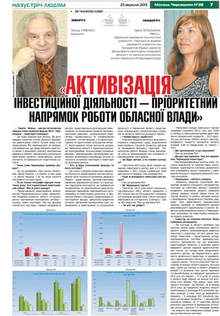 725 вересня 2013 Молодь Черкащини №39
ліворуч праворуч
назустріч людям
ФотоЄвгеніяШМАГАЙЛА
«Активізація
інвестиційної діяльності – пріоритетний
напрямок роботи обласної влади»
Леонід Туменко,
журналіст
Таміла ЛЕпьошкіна,
1968 р.н.,
Черкаський державний технологічний
університет, Національна академія
державного управління при
Президентові України, директор
Департаменту інвестиційно-інноваційної
діяльності та зовнішньо-економічних
зв’язків Черкаської облдержадміністрації
•	 за чашкою кави
– Таміло Яківно, завтра-післязавтра
працює інвестиційний форум 2013 «Чер-
кащина – територія співпраці».
– Ця подія знакова для регіону. До речі,
завдяки ініціативі голови обласної держав-
ної адміністрації Сергія Тулуба захід став
традиційним. Він перетворився на своєрід-
ний майданчик, де представляють практич-
ні кроки з реалізації стратегії економічних
реформ в області, презентують регіональні
інвестиційні проекти, налагоджують ділові
контакти, та відбуваються плідні бізнес-зу-
стрічі.
– Чому саме Черкащина приймає фо-
рум?
– Це не випадково. Наш регіон особли-
вий. Центр Європи – в Україні, а наш край
– в центрі України. І це не лише поняття
географічні чи просторові.
– Та не тільки географія відіграє пози-
тивну роль. А й сприятливий інвестицій-
ний клімат. Яка ж мета заходу?
– Представлення інвестиційних можли-
востей Придніпровського краю, пріоритет-
них напрямів розвитку області та розши-
рення торговельно-економічних зв’язків і
пошуку нових партнерів. Під час форуму
планується виставка товарів підприємств
регіону, представлення регіональних інвес-
тиційних та інноваційних проектів (агропро-
мисловий комплекс, альтернативна енер-
гетика, промисловість) та ознайомлення
учасників і гостей форуму з історико-куль-
турним та туристичним потенціалом облас-
ті. Налагодження тісних контактів ділових
кіл Черкаської області з транснаціональни-
ми корпораціями, посольствами іноземних
держав і міжнародними організаціями до-
зволить активізувати міжнародні зв’язки та
залучити іноземних партнерів й інвесторів
до економіки регіону.
– Хто ж буде учасниками форуму та
його гостями?
– До участі у Форумі запрошені: керівни-
ки посольств, представники торгово-еконо-
мічних місій посольств іноземних держав в
Україні, представники регіонів-партнерів;
керівники державних установ та структур-
них підрозділів міністерств, що займаються
інноваційною та інвестиційною діяльністю;
керівники підрозділів, відповідальних за ін-
новаційну та інвестиційну діяльність в Чер-
каській області; експерти, представники ін-
вестиційних фондів, фінансово-кредитних
установ і фінансово-промислових груп, за-
цікавлених в інвестиційній та інноваційній
діяльності в Черкаській області; представ-
ники міжнародних консалтингових компа-
ній та проектів технічної допомоги Україні.
– І якими будуть здобутки?
– Учасники форуму матимуть можливість
отримати інформацію щодо розроблення
інвестиційних стратегій розвитку регіонів
та проведення брендінгу територій. Ре-
зультатом роботи форуму стане підписан-
ня угод та меморандумів про співпрацю з
міжнародними партнерами.
– Це буде завтра, а як справи сьогод-
ні?
– Протягом 2012 року обсяг прямих іно-
земних інвестицій в регіоні зріс у 3,1 раза
порівняно з 2011 роком (найвищий темп
зростання по Україні). Ось діаграма №1.
– Куди ж вкладають інвестори свої ко-
шти?
– Про це діаграма №2.
– Як Черкащина торгує?
– Протягом 2012 року обсяг зовнішньо-
торговельного обігу області порівняно з
2011 роком зріс на 18,4 відсотка і становить
2,2 мільярда доларів США. Обсяг експорту
зменшився на 4,8 відсотка, а імпорту – зріс
на 49,2 відсотка. Про це діаграма №3.
– Чи все так добре?
– Негативне сальдо зовнішньої торгівлі
товарами становить 181,5 млн. дол. США
(у зв’язку зі збільшенням майже вдвічі вве-
зення мінеральних продуктів – 53,2 відсо-
тка від загальних обсягів імпорту регіону).
Коефіцієнт покриття експортом імпорту
складає 0,85 (в середньому по Україні –
0,81).
– Що пропонуємо, а що завозимо?
– Про це діаграма №4.
– Ще раз про приємне. Чим же приваб-
лює Черкащина інвестора?
– Висококваліфікована робоча сила, по-
тужна виробнича та наукова база, розга-
лужена транспортна система дозволяють
нині утримувати високі показники у пере-
важній більшості напрямків реального сек-
тору економіки.
– Черкащина – область аграрна.
– Наявність родючих чорноземів обу-
мовлює розвиток сільського господарства.
Сьогодні за обсягами валової продукції
аграрного комплексу область впевнено
тримає провідні позиції серед інших об-
ластей України та робить вагомий внесок
у формування продовольчої безпеки дер-
жави. Для ефективного використання
наявних ресурсів та збереження високої
рентабельності виробництва в регіоні ве-
деться цілеспрямована робота з переорієн-
тації економіки на інвестиційно-інновацій-
ну модель розвитку.
– Інвестор не повинен боятися. Йому
небажано ризикувати.
– На сьогодні в області зроблено ряд
рішучих кроків щодо поліпшення інвести-
ційного клімату: цілеспрямовано ведеться
боротьба з корупцією на всіх рівнях вза-
ємодії інвесторів і представників влади;
впроваджується система державно-при-
ватного партнерства під час реалізації
інвестиційних проектів; в кожному районі
відкриють центри надання адміністратив-
них послуг, до складу яких входитимуть
дозвільні центри, де видаватимуть доку-
менти дозвільного характеру та надавати-
муть адміністративні послуги за принципом
«єдиного вікна». Та й чого боятися? Про по-
тужний потенціал області свідчать наступні
дані: третій рік поспіль в області збирають
майже 1,4 мільйона тонн ранніх зернових
та зернобобових за середньої урожайності
46,6 ц/га (по Україні – 31,0 ц/га). В цілому
в області буде зібрано не менше 3,8 міль-
йона тонн збіжжя. Тож маємо гарні мож-
ливості поставок на експорт; за 8 місяців
2013 року до зведеного бюджету області
мобілізовано 4 мільярди 812 мільйонів гри-
вень доходів, у тому числі до державного
бюджету – 3 мільярди 207 мільйонів гри-
вень, до місцевих бюджетів – 1 мільярд 605
мільйонів гривень; на 17 відсотків зросли
депозити населення в банківських устано-
вах регіону і досягли 7,3 мільярда гривень
– це свідчить про повернення довіри грома-
дян до банківської системи.
Таблиця №1
Таблиця №3
Таблиця №2
Таблиця №4
 