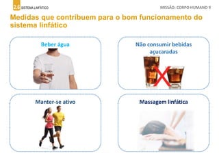 2.6 SISTEMA LINFÁTICO MISSÃO: CORPO HUMANO 9
Medidas que contribuem para o bom funcionamento do
sistema linfático
Beber água Não consumir bebidas
açucaradas
Manter-se ativo Massagem linfática
 
