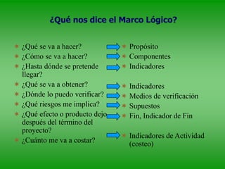 ¿Qué nos dice el Marco Lógico?
 ¿Qué se va a hacer?
 ¿Cómo se va a hacer?
 ¿Hasta dónde se pretende
llegar?
 ¿Qué se va a obtener?
 ¿Dónde lo puedo verificar?
 ¿Qué riesgos me implica?
 ¿Qué efecto o producto dejo
después del término del
proyecto?
 ¿Cuánto me va a costar?
 Propósito
 Componentes
 Indicadores
 Indicadores
 Medios de verificación
 Supuestos
 Fin, Indicador de Fin
 Indicadores de Actividad
(costeo)
 