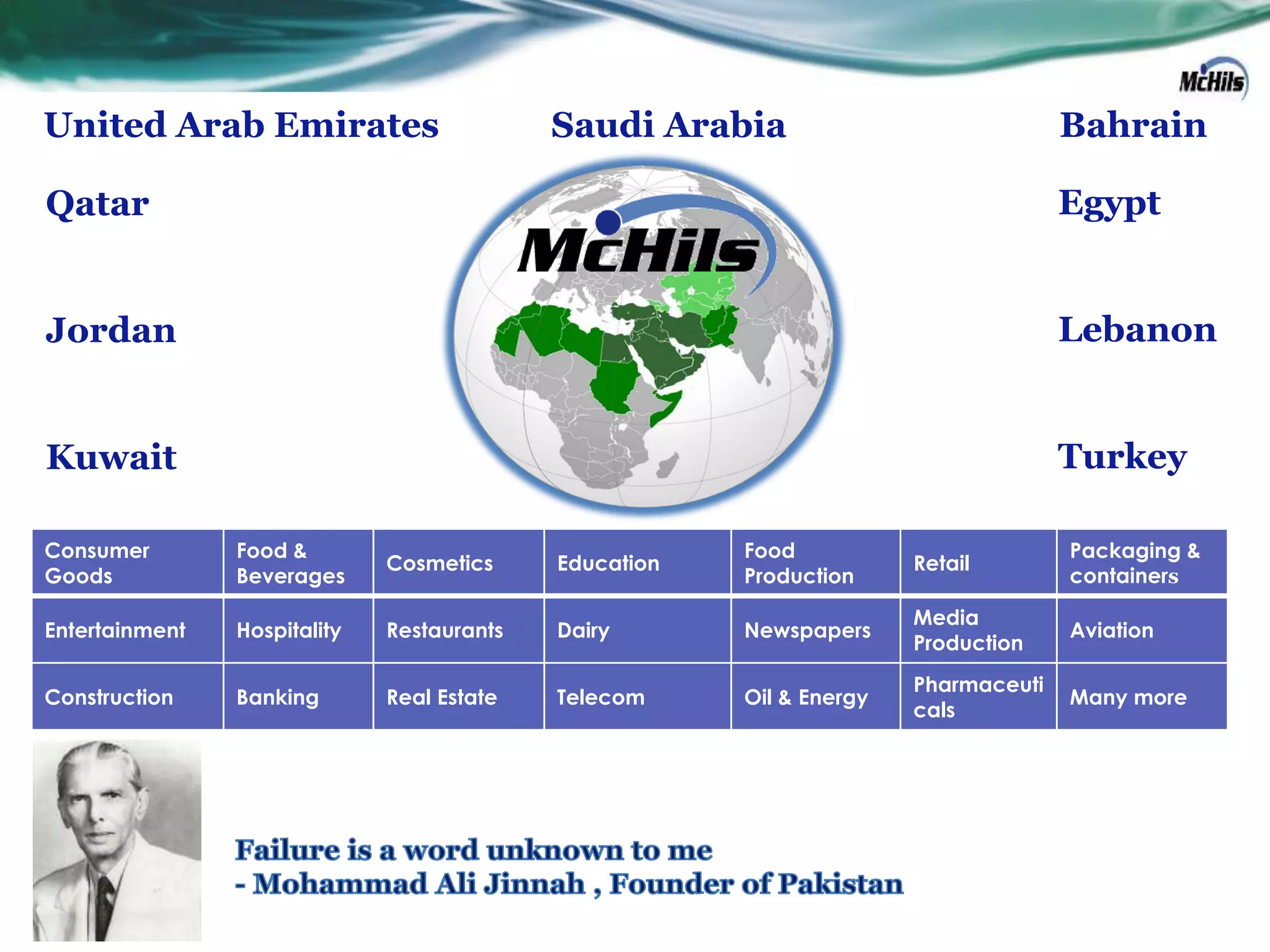 United Arab Emirates                        Saudi Arabia                             Bahrain

Qatar                                                                                Egypt


Jordan                                                                               Lebanon


Kuwait                                                                               Turkey

Consumer        Food &                                  Food                         Packaging &
                              Cosmetics     Education                  Retail
Goods           Beverages                               Production                   containers
                                                                       Media
Entertainment   Hospitality   Restaurants   Dairy       Newspapers                   Aviation
                                                                       Production
                                                                       Pharmaceuti
Construction    Banking       Real Estate   Telecom     Oil & Energy                 Many more
                                                                       cals
 