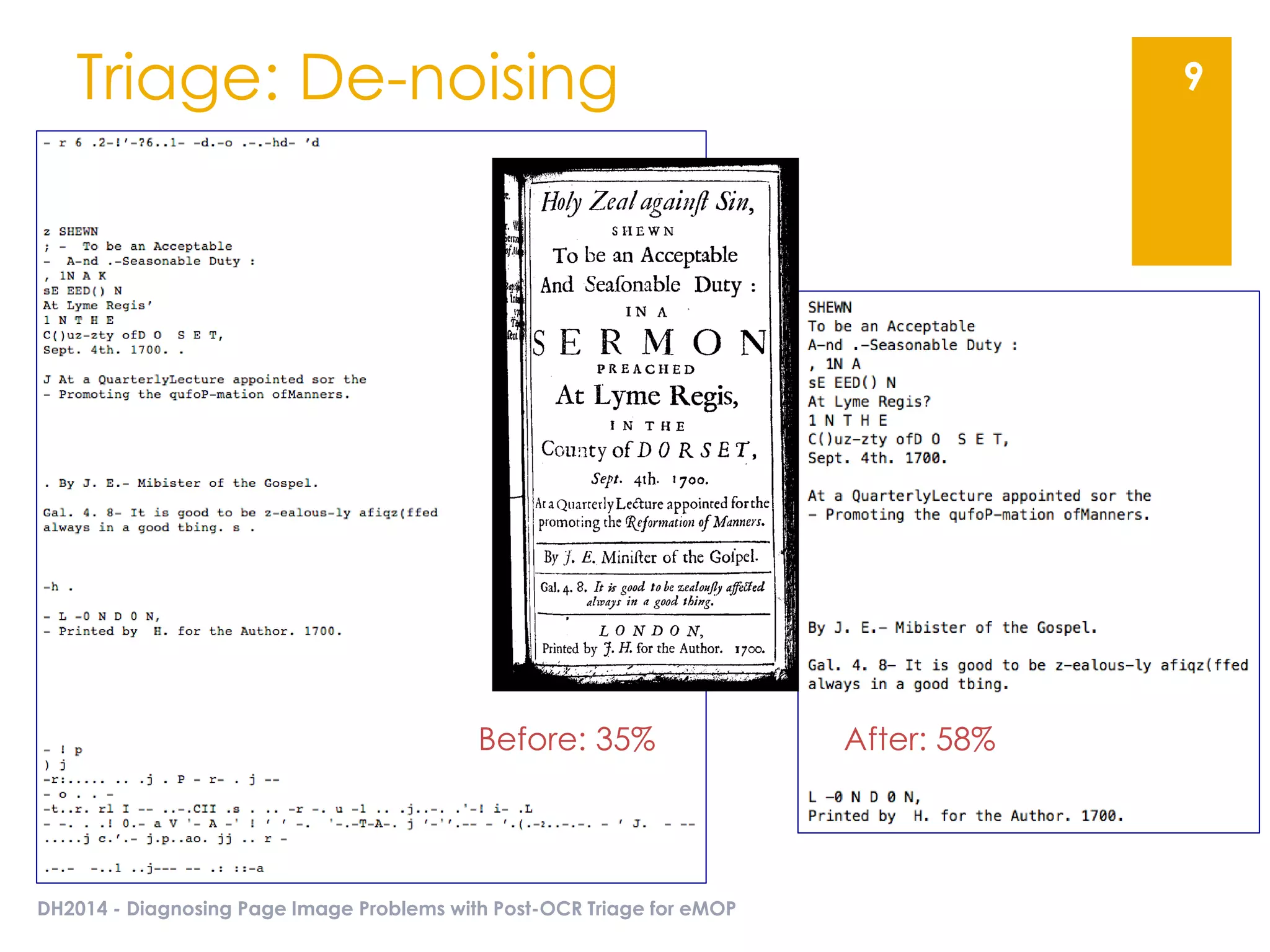 Triage: De-noising
DH2014 - Diagnosing Page Image Problems with Post-OCR Triage for eMOP
9
Before: 35% After: 58%
 