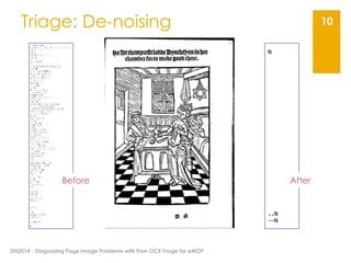 Triage: De-noising
DH2014 - Diagnosing Page Image Problems with Post-OCR Triage for eMOP
10
Before After
 