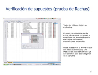 Todos los códigos deben ser evaluados. El punto de corte debe ser la moda básicamente porque es el estadístico de tendencia central que mejor describe las distribuciones binomiales. No se puede usar la media ya que son datos cualitativos y una mediana es poco conveniente ya que tenemos solo dos categorías en la variable. Verificación de supuestos (prueba de Rachas) 