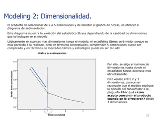 El producto de seleccionar de 2 a 5 dimensiones y de solicitar el grafico de Stress, es obtener el diagrama de sedimentación.  Este diagrama muestra la variación del estadístico Stress dependiendo de la cantidad de dimensiones que se incluyan en el modelo. Lógicamente en cuantas mas dimensiones tenga el modelo, el estadístico Stress será mejor porque es mas parecido a la realidad, pero en términos conceptuales, comprender 5 dimensiones puede ser complicado y en términos de mercadeo táctico y estratégico puede no ser tan útil. Por ello, se elige el numero de dimensiones hasta donde el estadístico Stress decrezca mas abruptamente.  Esto ocurre entre 2 y 3 dimensiones, parece ser razonable que el modelo explique la opinión del consumidor a la pregunta  ¿Por qué razón acepto consumir el producto cuando se lo ofrecieron?  desde 3 dimensiones. Modeling 2: Dimensionalidad.  