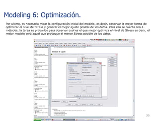 Por ultimo, es necesario mirar la configuración inicial del modelo, es decir, observar la mejor forma de optimizar el nivel de Stress y generar el mejor ajuste posible de los datos. Para ello se cuenta con 4 métodos, la tarea es probarlos para observar cual es el que mejor optimiza el nivel de Stress es decir, el mejor modelo será aquel que provoque el menor Stress posible de los datos.  Modeling 6: Optimización. 