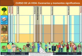 Fuente: 2018 MINSA http://www.minsa.gob.pe/reunis/index.asp?op=51&box=721&item=721
CURSO DE LA VIDA: Escenarios y momentos significativos
NIÑO (0-11 aæos)
6 852 187
ADOLESCENTE
3 486 220
JOVEN (18-29 aæos)
6 728 020
ADULTO MAYOR (>60 aæos)
3 345 552
POBLACION
32 162 184
Vivienda
Establecimiento
de salud
Medio
Ambiente
Institución
educativa
Centro
laboral
ADULTO (30-59 aæos)
11 750 205
Gestación
Nacimiento
Graduación
Convivencia
Escolaridad
Manutención
(trabajo)
Descendencia
Retiro
laboral
Descenso
 