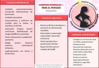 CUIDADOS INDIVIDUALES
CUIDADOS COMUNITARIOS
CUIDADOS FAMILIARES
- Cuidados preconcepcionales,
incluyendo intervenciones de
promoción.
- Cuidados prenatales.
- Conocimientos y prÆcticas de
cuidado para la madre, su
hijo/hija y la familia.
- Evaluación integral, control
nutricional, identificación de
riesgo obstØtrico y perinatal.
- Parto institucional y cuidado del
puerperio.
- Apego precoz, lactancia
materna, estimulación
temprana.
- Suplementación con hierro y
Æcido fólico.
CUIDADOS INTEGRALES
PARA EL PERIODO
- Buenas prÆcticas de higiene y
provisión de alimentación
saludable.
- Paternidad y maternidad
responsable, desarrollo
emocional.
- Salud reproductiva y
planificación familiar.
- Apoyo familiar para el
cuidado del bebØ.
- Cuidados en servicios de salud
con RHUS, equipamiento e
infraestructura.
- Desarrollo de ambientes
laborales adecuados para la
maternidad y paternidad.
- Protección social.
- Acceso a Lactarios.
- Seguridad ambiental,
ciudadana y seguridad
alimentaria.
 