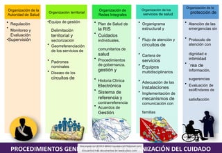 PROCEDIMIENTOS GENERALES PARA LA ORGANIZACIÓN DEL CUIDADO
Organización de la
Autoridad de Salud
•
•
Regulación
Monitoreo y
Evaluación
•Supervisión
Organización territorial
•Equipo de gestión
Delimitación
territorial y
sectorización
• Georreferenciación
de los servicios de
• Padrones
nominales
• Diseæo de los
circuitos de
Organización de
Redes Integrales
• Plan de Salud de
la RIS
• Cuidados
individuales,
comunitarios de
salud
• Procedimientos
de gobernanza,
gestión y
• Historia Clínica
Electrónica
• Sistema de
referencia y
contrarreferencia
• Acuerdos de
Gestión
Organización de los
servicios de salud
• Organigrama
estructural y
• Flujo de atención y
circuitos de
• Cartera de
servicios
• Equipos
multidisciplinarios
• Adecuación de las
instalaciones
• Implementación de
mecanismos de
comunicación con
familias
Organización de la
protección de
• Atención de las
emergencias sin
• Protocolo de
atención con
dignidad e
intimidad
• `rea de
Información,
sugerencias
• Evaluación de
estÆndares de
satisfacción
Sector 1
Sector 2
Sector 3
Sector 4
ZONA 1
AREA 1
E. B.S.
REGION/
MACROREGION
Ho s pital III ni vel
E. B.S.
E . S . d e P ri mer n i v el
( 24 horas)
E . B.S.
E . B.S.
S.M.A .
Ot ros
Pre stadores
Ot ros
Pre stadores
S.M.A .
S.M.A .
Ot ros
Pre stadores
SE T
CO
R 4
Unidad BÆsica de Cuidados
Integrales
Centro de Salud M ental
Com unitario
 