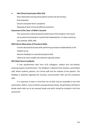 102
● Mini Clinical Examination (Mini CEX)
Short observation during clinical patient contact (10-20 minutes)
Oral evaluation
Generic evaluation forms completed
Repeated at least 4 times by different examiners
Assessment of the ‘Does’ of Miller’s Pyramid
This assessment is done during the performance of the student in the actual
set up where the procedure is performed independently. It is done mainly by
two methods: DOPS, MSF
DOPS (Direct Observation of Procedural Skills)
Trainee observed by faculty while performing procedure independently in the
hospital set up
Receives feedback on essential procedural skills
Likely to be more reliable and valid than log book system
MSF (Multi-Source Feedback)
It uses questionnaire data from 8-10 colleagues, medical and non-medical,
assessing aspects of performance. The feedback is obtained from teachers, paramedical
staff, fellow students, patients, non clinical staff and the relatives of the patients. The
feedback is obtained regarding the sincerely, communication skills and the procedural
skills.
It is important to bear in mind that not all skills may be assessable at the final
examination. Rather, many are better assessed during training. The grid below will help to
decide which skills are to be assessed locally and which should be included in the final
assessment.
 
