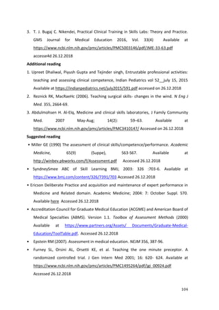 104
3. T. J. Bugaj C. Nikendei, Practical Clinical Training in Skills Labs: Theory and Practice.
GMS Journal for Medical Education 2016, Vol. 33(4) Available at
https://www.ncbi.nlm.nih.gov/pmc/articles/PMC5003146/pdf/JME-33-63.pdf
accesse4d 26.12.2018
Additional reading
1. Upreet Dhaliwal, Piyush Gupta and Tejinder singh, Entrustable professional activities:
teaching and assessing clinical competence, Indian Pediatrics vol 52__july 15, 2015
Available at https://indianpediatrics.net/july2015/591.pdf accessed on 26.12.2018
2. Reznick RK, MacRaeHc (2006). Teaching surgical skills- changes in the wind. N Eng J
Med. 355, 2664-69.
3. Abdulmohsen H. Al-Elq, Medicine and clinical skills laboratories, J Family Community
Med. 2007 May-Aug; 14(2): 59–63. Available at
https://www.ncbi.nlm.nih.gov/pmc/articles/PMC3410147/ Accessed on 26.12.2018
Suggested reading
• Miller GE (1990) The assessment of clinical skills/competence/performance. Academic
Medicine, 65(9) (Suppe), S63-S67. Available at
http://winbev.pbworks.com/f/Assessment.pdf Accessed 26.12.2018
• SyndneySmee ABC of Skill Learning BMJ, 2003: 326 :703-6. Available at
https://www.bmj.com/content/326/7391/703 Accessed 26.12.2018
• Ericson Deliberate Practice and acquisition and maintenance of expert performance in
Medicine and Related domain. Academic Medicine; 2004: 7: October Suppl. S70.
Available here Accessed 26.12.2018
• Accreditation Council for Graduate Medical Education (ACGME) and American Board of
Medical Specialties (ABMS). Version 1.1. Toolbox of Assessment Methods (2000)
Available at https://www.partners.org/Assets/ Documents/Graduate-Medical-
Education/ToolTable.pdf. Accessed 26.12.2018
• Epstein RM (2007). Assessment in medical education. NEJM 356, 387-96.
• Furney SL, Orsini AL, Orsetti KE, et al. Teaching the one minute preceptor. A
randomized controlled trial. J Gen Intern Med 2001; 16: 620- 624. Available at
https://www.ncbi.nlm.nih.gov/pmc/articles/PMC1495264/pdf/jgi_00924.pdf
Accessed 26.12.2018
 