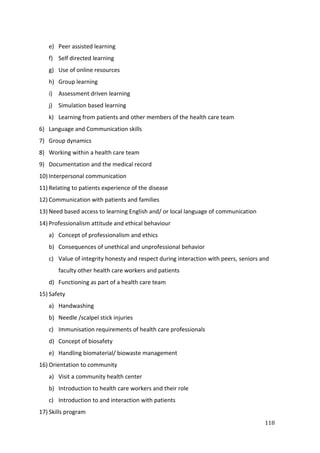 118
e) Peer assisted learning
f) Self directed learning
g) Use of online resources
h) Group learning
i) Assessment driven learning
j) Simulation based learning
k) Learning from patients and other members of the health care team
6) Language and Communication skills
7) Group dynamics
8) Working within a health care team
9) Documentation and the medical record
10) Interpersonal communication
11) Relating to patients experience of the disease
12) Communication with patients and families
13) Need based access to learning English and/ or local language of communication
14) Professionalism attitude and ethical behaviour
a) Concept of professionalism and ethics
b) Consequences of unethical and unprofessional behavior
c) Value of integrity honesty and respect during interaction with peers, seniors and
faculty other health care workers and patients
d) Functioning as part of a health care team
15) Safety
a) Handwashing
b) Needle /scalpel stick injuries
c) Immunisation requirements of health care professionals
d) Concept of biosafety
e) Handling biomaterial/ biowaste management
16) Orientation to community
a) Visit a community health center
b) Introduction to health care workers and their role
c) Introduction to and interaction with patients
17) Skills program
 