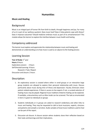 129
Humanities
Music and Healing
Background
Music is an integral part of human life from birth to death, through happiness and joy. For many
of us it is part of our wellness quotient. Does music heal? Does it help patients cope with illness?
Does it improve outcomes? Should medicine embrace music as part of its armamentarium? This
module allows the learner to explore the interface between music health and healing
Competency addressed
The learner must explore and appreciate the relationship between music and healing and
demonstrate an understanding as to how music is used as an adjunct to the healing process
Learning Session
Year of Study: 1st
year
Hours: 8 hours
Exploratory session : 2 hours
Self Directed Learning: 4 hours
Research / Task / Report
Discussion and closure: 2 hours
Description:
1. An exploratory session is created where either in small groups or an interactive large
group students are allowed to explore their personal relationship with music. Discuss
particularly about music during time of illness and depression. Faculty /Clinicians share
patient related experiences. If there is access to live experts if not, a curated selection of
healing music may be played. Regional music traditions linked to healing can be explored.
If available, a documentary such as Alive Inside can be screened. The task as enumerated
in item 2 is given to individuals or groups
2. Students individually or in groups are asked to research evidentiary and other links to
music and healing. They may be requested to talk to local musicians, experts, clinicians
and patients and compile a narrative. Audio samples of local music traditions used to heal
can be part of the report.
3. Discussion ad closure: A closure session where students share their reflection based on
their tasks and learnings and their implications.
 