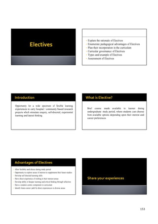 153
• Explain the rationale of Electives
• Enumerate pedagogical advantages of Electives
• Plan their incorporation in the curriculum
• Curricular governance of Electives
• Types and example of Electives
• Assessment of Electives
Opportunity for a wide spectrum of flexible learning
experiences to carry hospital / community based research
projects which stimulate enquiry, self-directed, experiential
learning and lateral thinking
Brief course made available to learner during
undergraduate study period, where students can choose
from available options depending upon their interest and
career preferences
• Allow flexibility and choice during study period
• Opportunity to explore areas of interest to supplement their future studies
• Develop self directed learning skills
• Have direct experience of working in their interest areas
• Develop ability of deeper learning and critical thinking through reflection
• Have a student centric component in curriculum
• Identify future career path by direct experiences in diverse areas
 
