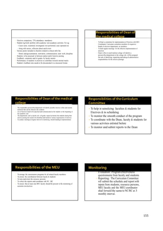 155
• Electives compulsory, 75% attendance mandatory
• Student log book/ portfolio with academic/ non academic activities. For eg;
• Cases seen, examined, investigated, test performed, case operated etc
• Along with stories, reflection about each event
• Various points included in checklist related to clinical skills like
• History taking/examination, motivation, communication, team work, discipline
• Students to be assessed in between and at end of elective posting
• Feedback, comments and /or grades by faculty mentor
• Performance of students in electives to contribute towards internal marks
• Student’s feedback also needs to be documented in a structured format
• To Head a committee for implementation of Electives with MEU
Coordinator, Curriculum committee members & respective
heads of electives department as members
• To hold regular meetings for the effective implementation of
electives
• Dean’s office in each medical college will identify a
person/office/department in the college who will be assigned
the task of identifying, organizing and taking all administrative
responsibilities for the elective postings
• The responsible person/office/department will identify possible electives within and outside
institution that can be offered to the students
• List of Electives need to be specified and communicated to the students at the beginning of
the academic year
• The departments and/ or faculty who will guide/ supervise/mentor the students during their
elective posting also need to be identified and trained in various requirements of electives
• To conduct meetings at regular interval for monitoring, smooth handing & implementation
• To help in sensitizing faculties & students for
Electives & its scheduling
• To monitor the smooth conduct of the program
• To coordinate with the Dean, faculty & students for
various activities enlisted before
• To monitor and submit reports to the Dean
• To arrange the sensitisation programs for all related faculty members
• To ensure the coordination between faculty & students
• To train and orient the resource persons
• To collect the reports and coordinate with NC / RC
• To ensure that at least one MEU faculty should be present in the monitoring of
sessions on electives
• Evaluation: Program effectiveness
questionnaire from faculty and students
• Reporting: The Curriculum Committee
will submit the schedule and report with
inputs from students, resource persons,
MEU faculty and the MEU coordinator
shall forward the same to NC/RC at 3
monthly interval.
 