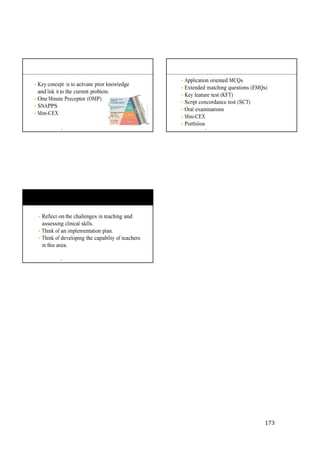 173
• Key concept is to activate prior knowledge
and link it to the current problem.
• One Minute Preceptor (OMP)
• SNAPPS
• Mini-CEX
TS
• Application oriented MCQs
• Extended matching questions (EMQs)
• Key feature test (KFT)
• Script concordance test (SCT)
• Oral examinations
• Mini-CEX
• Portfolios
TS
• Reflect on the challenges in teaching and
assessing clinical skills.
• Think of an implementation plan.
• Think of developing the capability of teachers
in this area.
TS
 