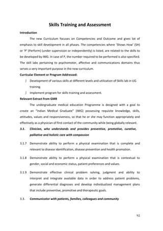 92
Skills Training and Assessment
Introduction
The new Curriculum focuses on Competencies and Outcome and gives lot of
emphasis to skill development in all phases. The competencies where ‘Shows How’ (SH)
or ‘P’ (Perform) (under supervision or independently) is listed, are related to the skills to
be developed by IMG. In case of P, the number required to be performed is also specified.
The skill labs pertaining to psychomotor, affective and communications domains thus
serves a very important purpose in the new curriculum.
Curricular Element or Program Addressed:
 Development of various skills at different levels and utilization of Skills lab in UG
training.
 Implement program for skills training and assessment.
Relevant Extract from GMR
The undergraduate medical education Programme is designed with a goal to
create an “Indian Medical Graduate” (IMG) possessing requisite knowledge, skills,
attitudes, values and responsiveness, so that he or she may function appropriately and
effectively as a physician of first contact of the community while being globally relevant.
3.1. Clinician, who understands and provides preventive, promotive, curative,
palliative and holistic care with compassion
3.1.7 Demonstrate ability to perform a physical examination that is complete and
relevant to disease identification, disease prevention and health promotion.
3.1.8 Demonstrate ability to perform a physical examination that is contextual to
gender, social and economic status, patient preferences and values.
3.1.9 Demonstrate effective clinical problem solving, judgment and ability to
interpret and integrate available data in order to address patient problems,
generate differential diagnoses and develop individualized management plans
that include preventive, promotive and therapeutic goals.
3.3. Communicator with patients, families, colleagues and community
 