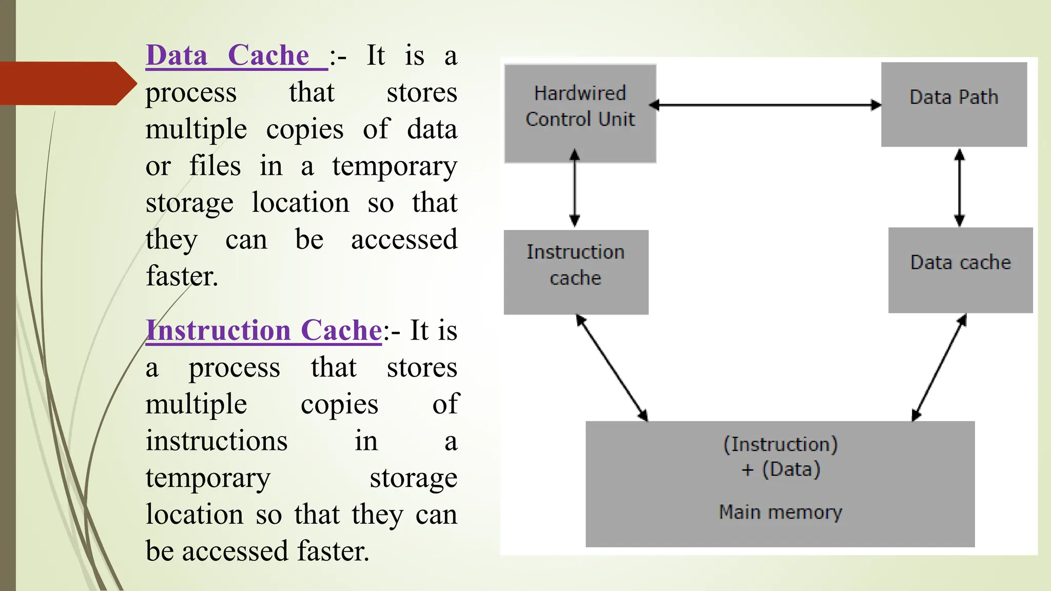 Data Cache :- It is a
process that stores
multiple copies of data
or files in a temporary
storage location so that
they can be accessed
faster.
Instruction Cache:- It is
a process that stores
multiple copies of
instructions in a
temporary storage
location so that they can
be accessed faster.
 