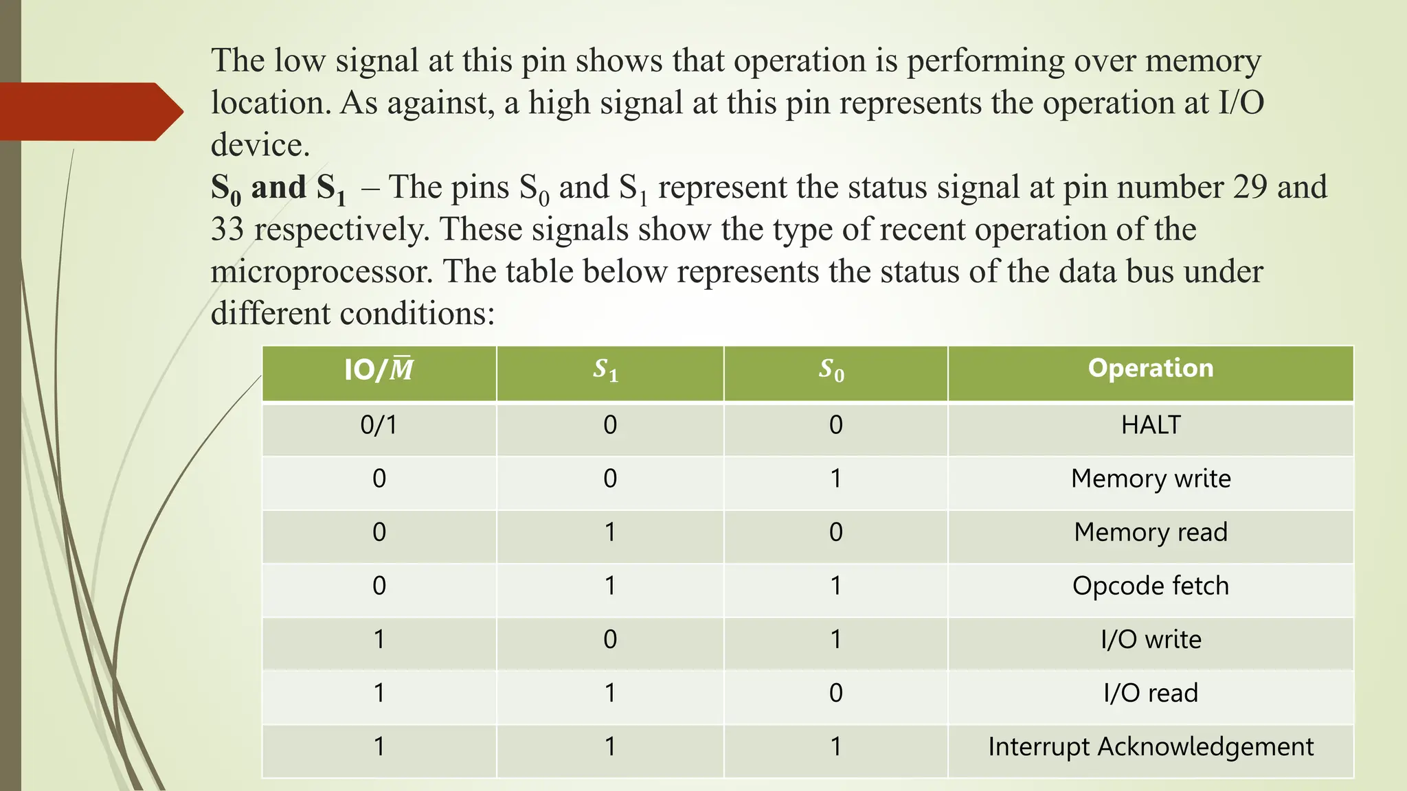 The low signal at this pin shows that operation is performing over memory
location. As against, a high signal at this pin represents the operation at I/O
device.
S0 and S1 – The pins S0 and S1 represent the status signal at pin number 29 and
33 respectively. These signals show the type of recent operation of the
microprocessor. The table below represents the status of the data bus under
different conditions:
IO/𝑴 𝑺𝟏 𝑺𝟎 Operation
0/1 0 0 HALT
0 0 1 Memory write
0 1 0 Memory read
0 1 1 Opcode fetch
1 0 1 I/O write
1 1 0 I/O read
1 1 1 Interrupt Acknowledgement
 