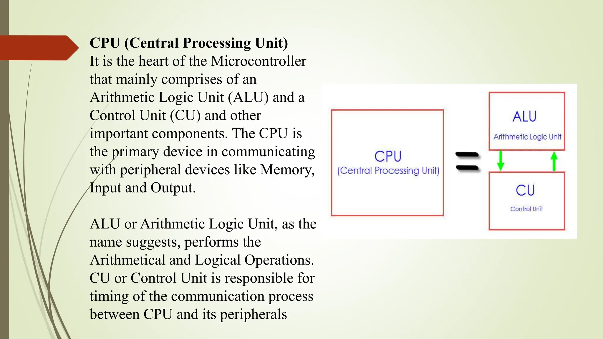 CPU (Central Processing Unit)
It is the heart of the Microcontroller
that mainly comprises of an
Arithmetic Logic Unit (ALU) and a
Control Unit (CU) and other
important components. The CPU is
the primary device in communicating
with peripheral devices like Memory,
Input and Output.
ALU or Arithmetic Logic Unit, as the
name suggests, performs the
Arithmetical and Logical Operations.
CU or Control Unit is responsible for
timing of the communication process
between CPU and its peripherals
 