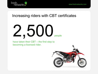 Encouraging people to try biking <br />15,000people have experienced motorcycling for the first time through the Free Ride...