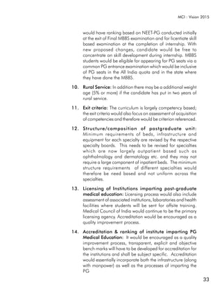 MCI : Vision 2015



      would have ranking based on NEET-PG conducted initially
      at the exit of Final MBBS examination and for licentiate skill
      based examination at the completion of internship. With
      new proposed changes, candidate would be free to
      concentrate on skill development during internship. MBBS
      students would be eligible for appearing for PG seats via a
      common PG entrance examination which would be inclusive
      of PG seats in the All India quota and in the state where
      they have done the MBBS.

10. Rural Service: In addition there may be a additional weight
    age (5% or more) if the candidate has put in two years of
    rural service.

11. Exit criteria: The curriculum is largely competency based;
    the exit criteria would also focus on assessment of acquisition
    of competencies and therefore would be criterion referenced.

12. Structure/composition of postgraduate unit:
    Minimum requirements of beds, infrastructure and
    equipment for each specialty are revised by the respective
    specialty boards. This needs to be revised for specialties
    which are now largely outpatient based such as
    ophthalmology and dermatology etc. and they may not
    require a large component of inpatient beds. The minimum
    structure requirements of different specialties would
    therefore be need based and not uniform across the
    specialties.

13. Licensing of Institutions imparting post-graduate
    medical education: Licensing process would also include
    assessment of associated institutions, laboratories and health
    facilities where students will be sent for offsite training.
    Medical Council of India would continue to be the primary
    licensing agency. Accreditation would be encouraged as a
    quality improvement process.

14. Accreditation & ranking of institute imparting PG
    Medical Education: It would be encouraged as a quality
    improvement process, transparent, explicit and objective
    bench marks will have to be developed for accreditation for
    the institutions and shall be subject specific. Accreditation
    would essentially incorporate both the infrastructure (along
    with manpower) as well as the processes of imparting the
    PG
                                                                       33
 