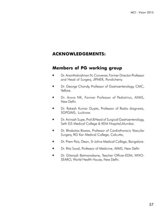 MCI : Vision 2015




ACKNOWLEDGEMENTS:


Members of PG working group
●   Dr. Ananthakrishnan N, Convener, Former Director-Professor
    and Head of Surgery, JIPMER, Pondicherry.
●   Dr. George Chandy, Professor of Gastroenterology, CMC,
    Vellore.
●   Dr. Arora NK, Former Professor of Pediatrics, AIIMS,
    New Delhi.
●   Dr. Rakesh Kumar Gupta, Professor of Radio diagnosis,
    SGPGIMS, Lucknow.
●   Dr. Avinash Supe, Prof.&Head of Surgical Gastroenterology,
    Seth GS Medical College & KEM Hospital,Mumbai.
●   Dr. Bhabotos Biswas, Professor of Cardiothoracic Vascular
    Surgery, RG Kar Medical College, Calcutta,
●   Dr. Prem Pais, Dean, St Johns Medical College, Bangalore.
●   Dr. Rita Sood, Professor of Medicine, AIIMS, New Delhi
●   Dr. Gitanjali Batmanabane, Teacher Officer-EDM, WHO-
    SEARO, World Health House, New Delhi.




                                                                 57
 