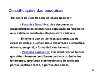 45
Classificações das pesquisas
Do ponto de vista de seus objetivos pode ser:
- Pesquisa Descritiva: visa descrever as
características de determinada população ou fenômeno
ou o estabelecimento de relações entre variáveis.
Envolve o uso de técnicas padronizadas de
coleta de dados; questionário e observação sistemática.
Assume, em geral, a forma de Levantamento.
- Pesquisa Explicativa: visa identificar os fatores
que determinam ou contribuem para a ocorrência dos
fenômenos, aprofunda o conhecimento da realidade
porque explica a razão, o porquê das coisas.
 