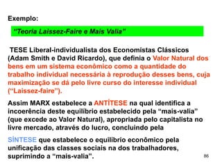 86
Exemplo:
“Teoria Laissez-Faire e Mais Valia”
TESE Liberal-individualista dos Economistas Clássicos
(Adam Smith e David Ricardo), que definia o Valor Natural dos
bens em um sistema econômico como a quantidade do
trabalho individual necessária à reprodução desses bens, cuja
maximização se dá pelo livre curso do interesse individual
(“Laissez-faire”).
Assim MARX estabelece a ANTÍTESE na qual identifica a
incoerência deste equilíbrio estabelecido pela “mais-valia”
(que excede ao Valor Natural), apropriada pelo capitalista no
livre mercado, através do lucro, concluindo pela
SÍNTESE que estabelece o equilíbrio econômico pela
unificação das classes sociais na dos trabalhadores,
suprimindo a “mais-valia”.
 