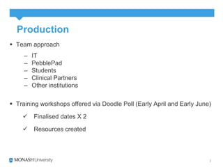 Production 
 Team approach 
– IT 
– PebblePad 
– Students 
– Clinical Partners 
– Other institutions 
 Training workshops offered via Doodle Poll (Early April and Early June) 
 Finalised dates X 2 
 Resources created 
 