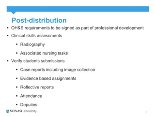 Post-distribution 
 OH&S requirements to be signed as part of professional development 
 Clinical skills assessments 
 Radiography 
 Associated nursing tasks 
 Verify students submissions 
 Case reports including image collection 
 Evidence based assignments 
 Reflective reports 
 Attendance 
 Deputies 
 