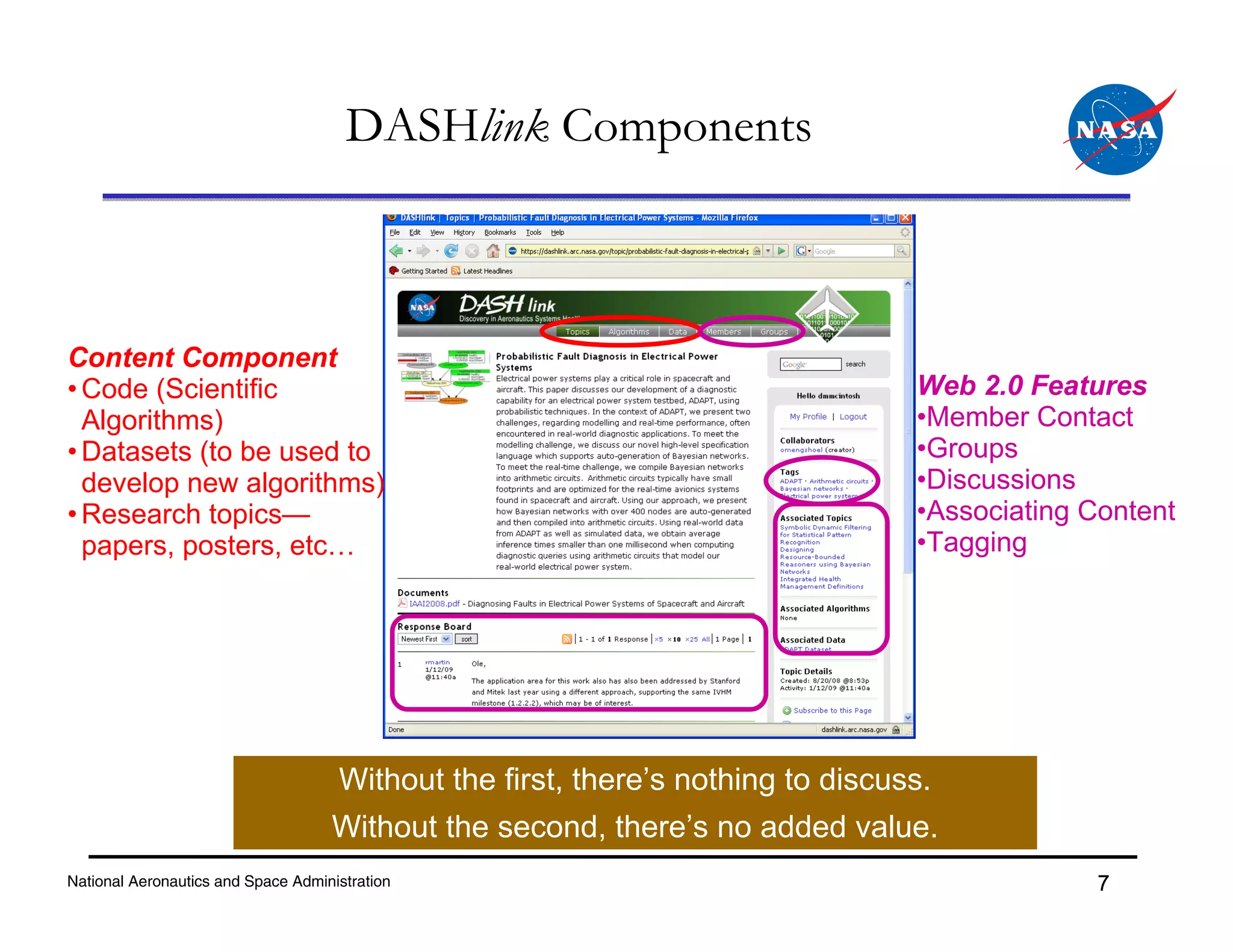 DASHlink Components



Content Component
• Code (Scientific                                                               Web 2.0 Features
  Algorithms)                                                                    •Member Contact
• Datasets (to be used to                                                        •Groups
  develop new algorithms)                                                        •Discussions
• Research topics—                                                               •Associating Content
  papers, posters, etc…                                                          •Tagging




                                     Without the first, there’s nothing to discuss.
                                    Without the second, there’s no added value.
National Aeronautics and Space Administration                                                 7
 