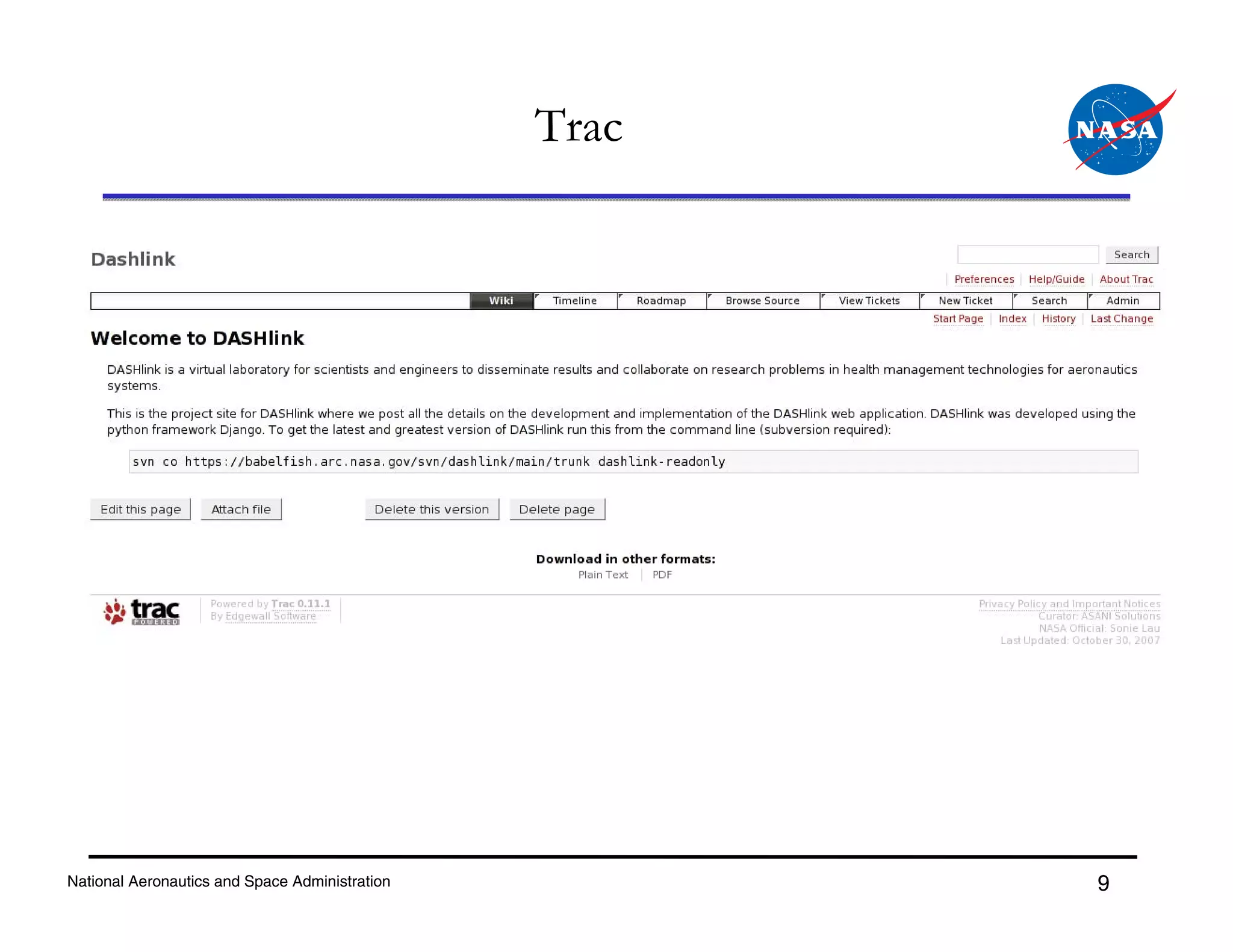 Trac




National Aeronautics and Space Administration          9
 