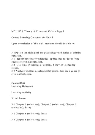 MCJ 5135, Theory of Crime and Criminology 1
Course Learning Outcomes for Unit I
Upon completion of this unit, students should be able to:
3. Explain the biological and psychological theories of criminal
behavior.
3.1 Identify five major theoretical approaches for identifying
causes of criminal behavior.
3.2 Relate major theories of criminal behavior to specific
issues.
3.3 Analyze whether developmental disabilities are a cause of
criminal behavior.
Course/Unit
Learning Outcomes
Learning Activity
3 Unit lesson
3.1 Chapter 1 (selection); Chapter 5 (selection); Chapter 6
(selection); Essay
3.2 Chapter 6 (selection); Essay
3.3 Chapter 6 (selection); Essay
 