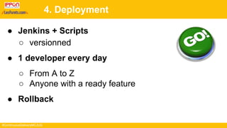 #ContinuousDeliveryMCJUG
4. Deployment
● Jenkins + Scripts
○ versionned
● 1 developer every day
○ From A to Z
○ Anyone with a ready feature
● Rollback
 