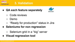 #ContinuousDeliveryMCJUG
3. Validation
● QA each feature separately
○ Code reviews
○ Demo
○ “Ready for production” status in Jira
● Seleniums for non regression
○ Selenium grid in a “big” server
● Visual regression tool
 
