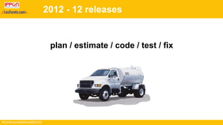 #ContinuousDeliveryMCJUG
2012 - 12 releases
plan / estimate / code / test / fix
 