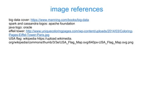 image references
big data cover: https://www.manning.com/books/big-data
spark and cassandra logos: apache foundation
java logo: oracle
effeil tower: http://www.uniquecoloringpages.com/wp-content/uploads/2014/03/Coloring-
Pages-Eiffel-Tower-Paris.jpg
USA flag: wikipedia https://upload.wikimedia.
org/wikipedia/commons/thumb/3/3e/USA_Flag_Map.svg/640px-USA_Flag_Map.svg.png
 