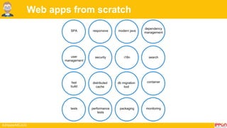 #JHipsterMCJUG
Web apps from scratch
performance
tests
tests packaging monitoring
containerdistributed
cache
search
db migration
tool
user
management
security
fast
build
i18n
SPA responsive modern java
dependency
management
 